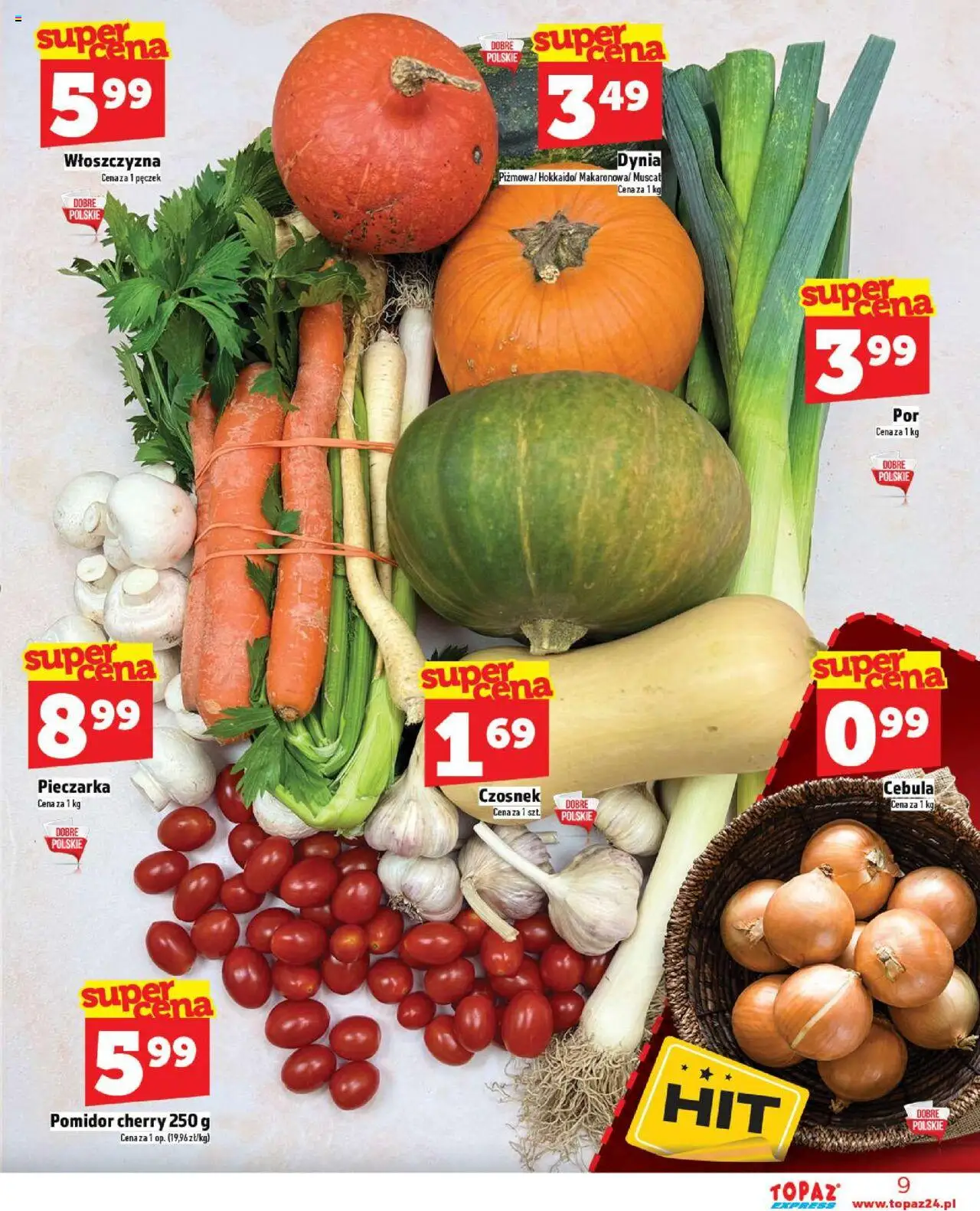 Topaz Gazetka - Express od 09.10.2025 | Strona: 9 | Produkty: Czosnek, Dynia, Pomidor cherry