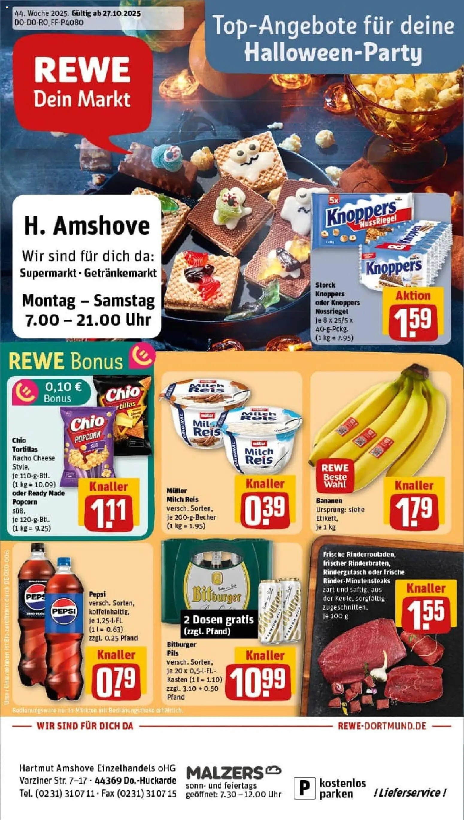 Rewe prospekt Dortmund	 – gültig ab 26.10.2025 | Seite: 1 | Produkte: Bitburger, Milch, Chio tortillas, Reis