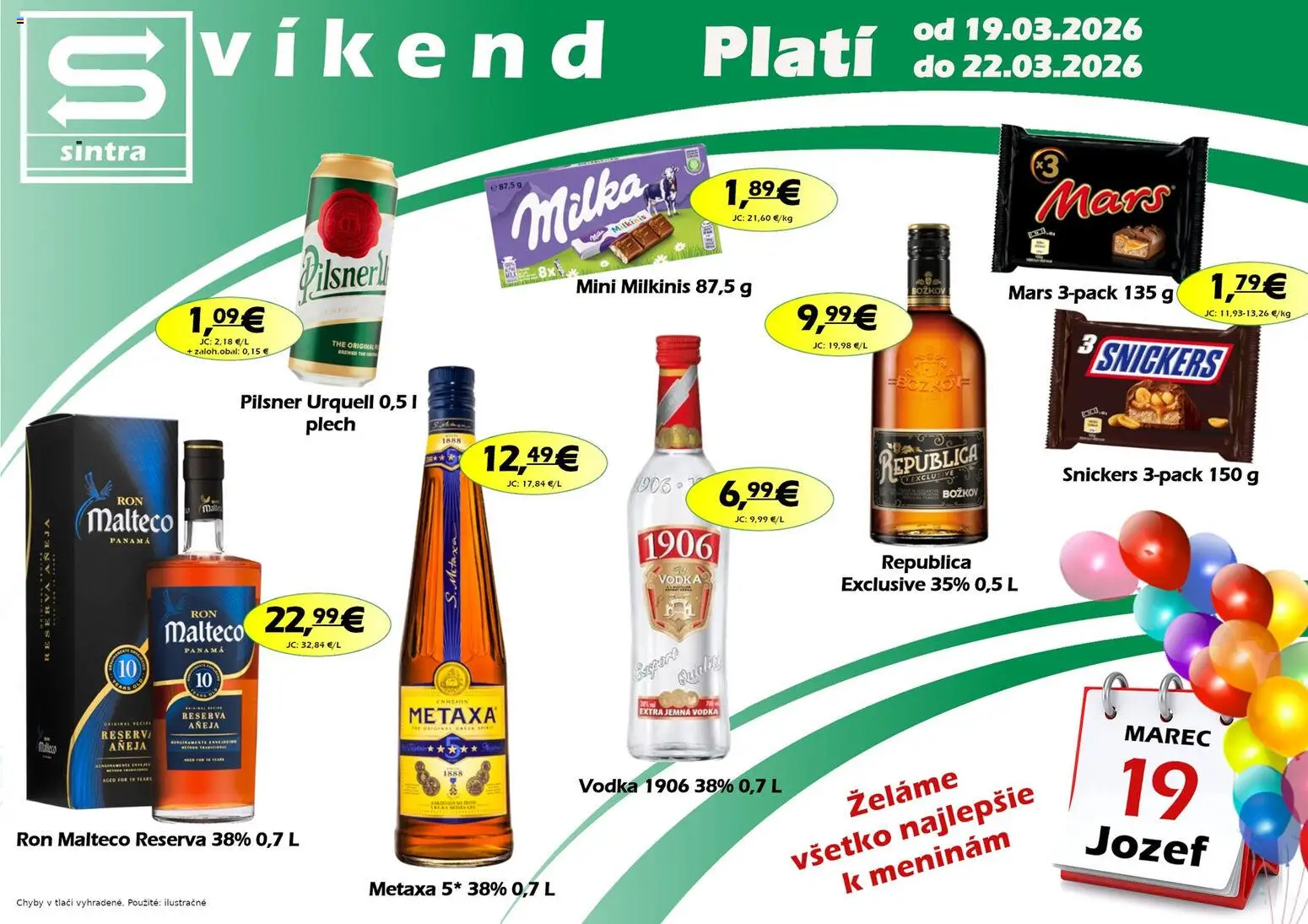 Nové Sintra akcie – leták je platný od 19.03.2026 | Strana: 1 | Produkty: Pilsner Urquell, Metaxa, Republica, Vodka
