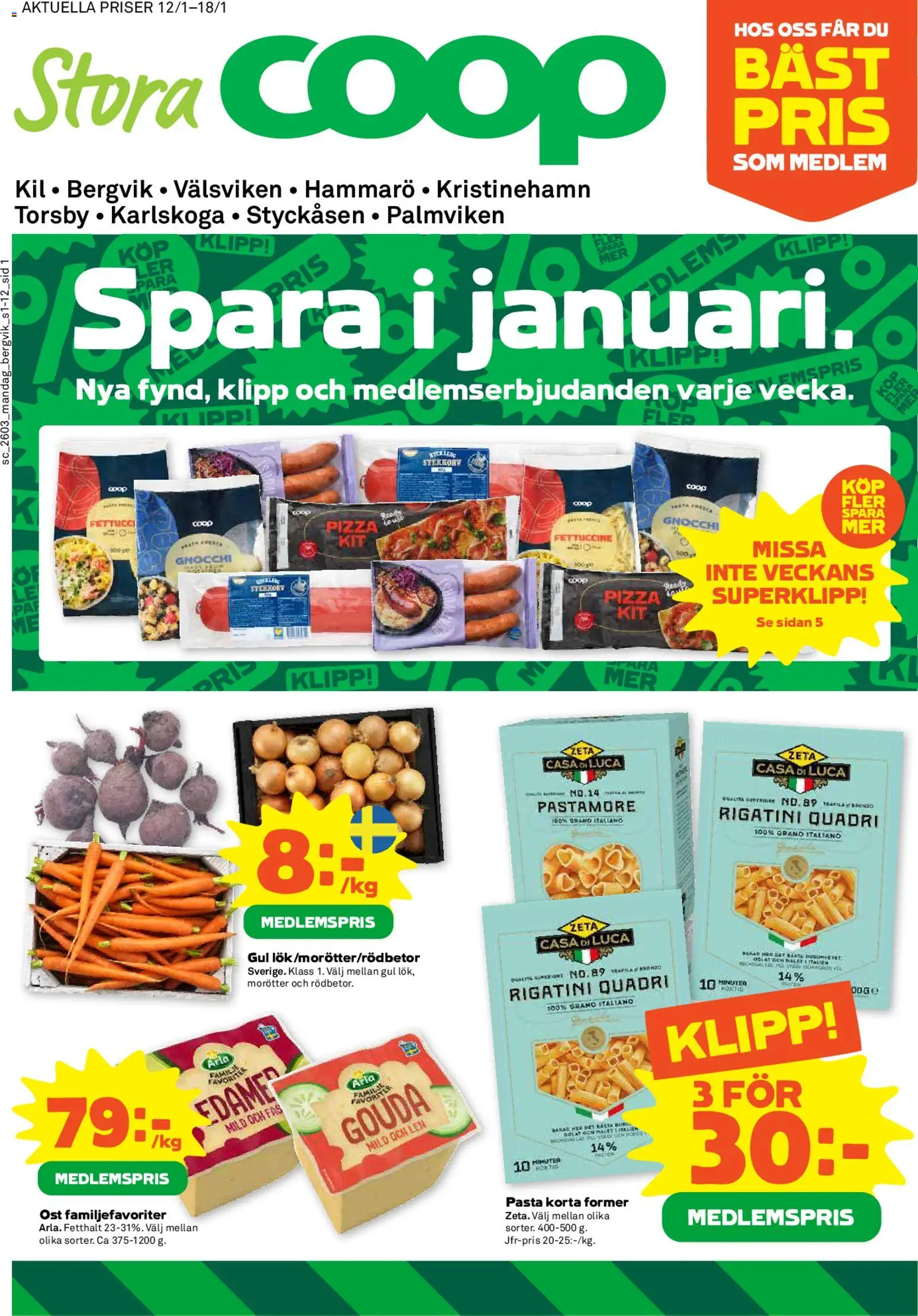 Stora Coop reklamblad aktuell från 12.01.2026 | Sida: 1 | Produkter: Ost, Pizza, Pasta