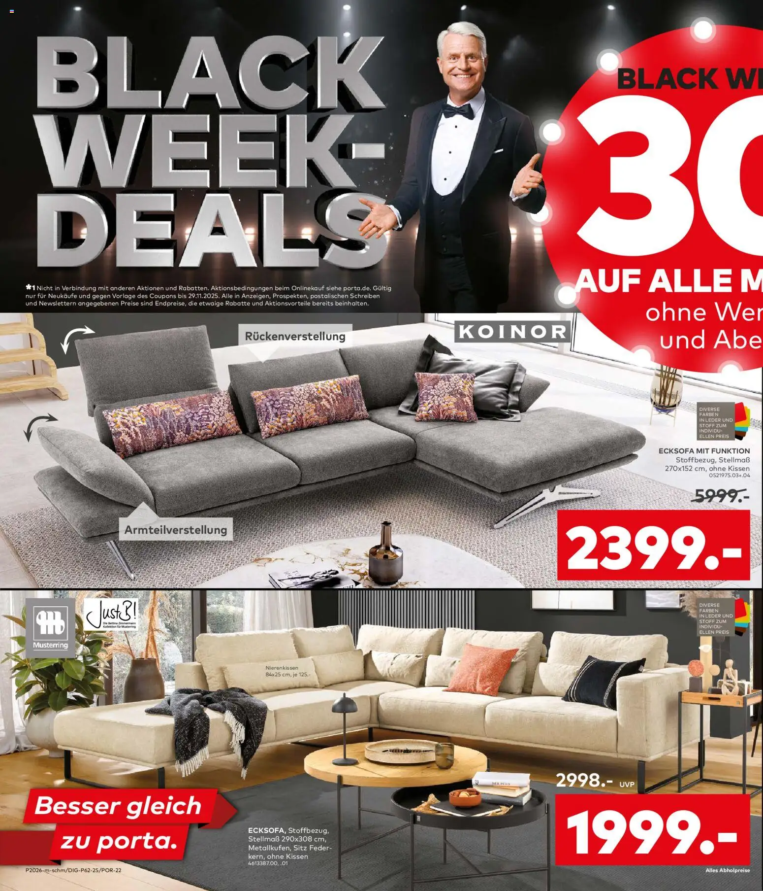 Porta! Unglaubliche Black Deals, 30% auf ALLE Möbel und verlängerte Öffnungszeiten am Black Friday! - Potsdam – gültig ab 24.11.2025 | Seite: 2 | Produkte: Ecksofa, Kissen