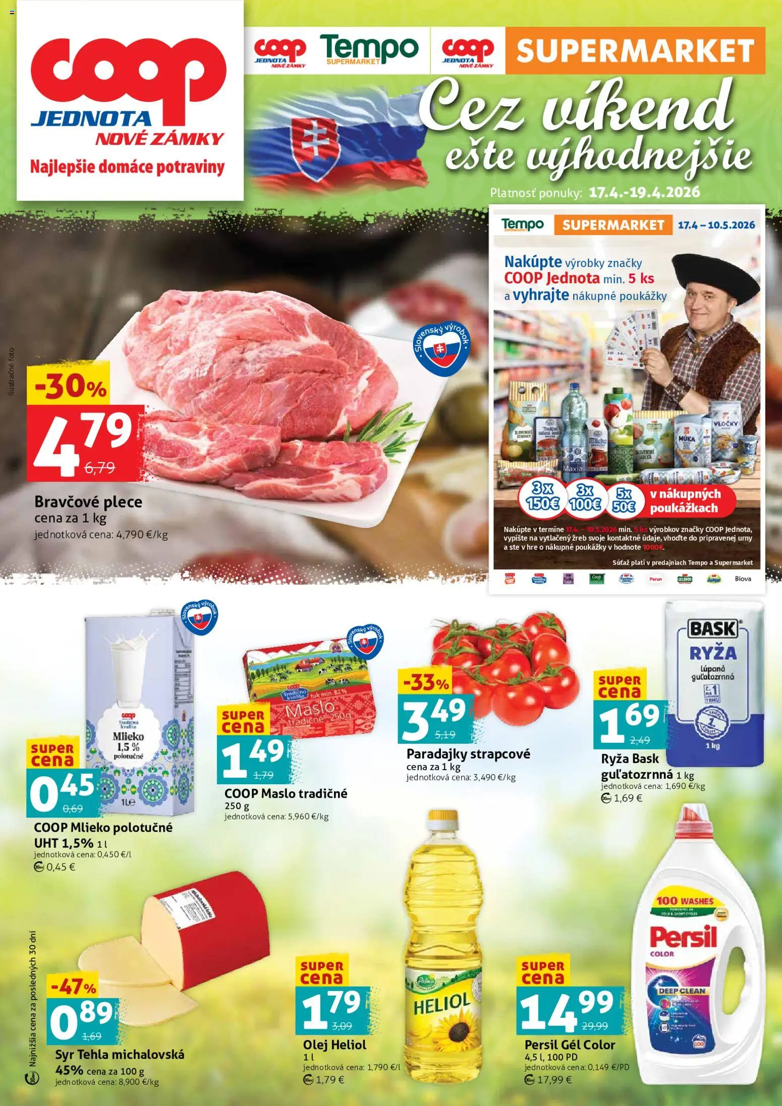 Nové COOP Jednota akcie – leták je platný od 17.04.2026 | Strana: 1 | Produkty: Maslo, Syr, Persil, Múka