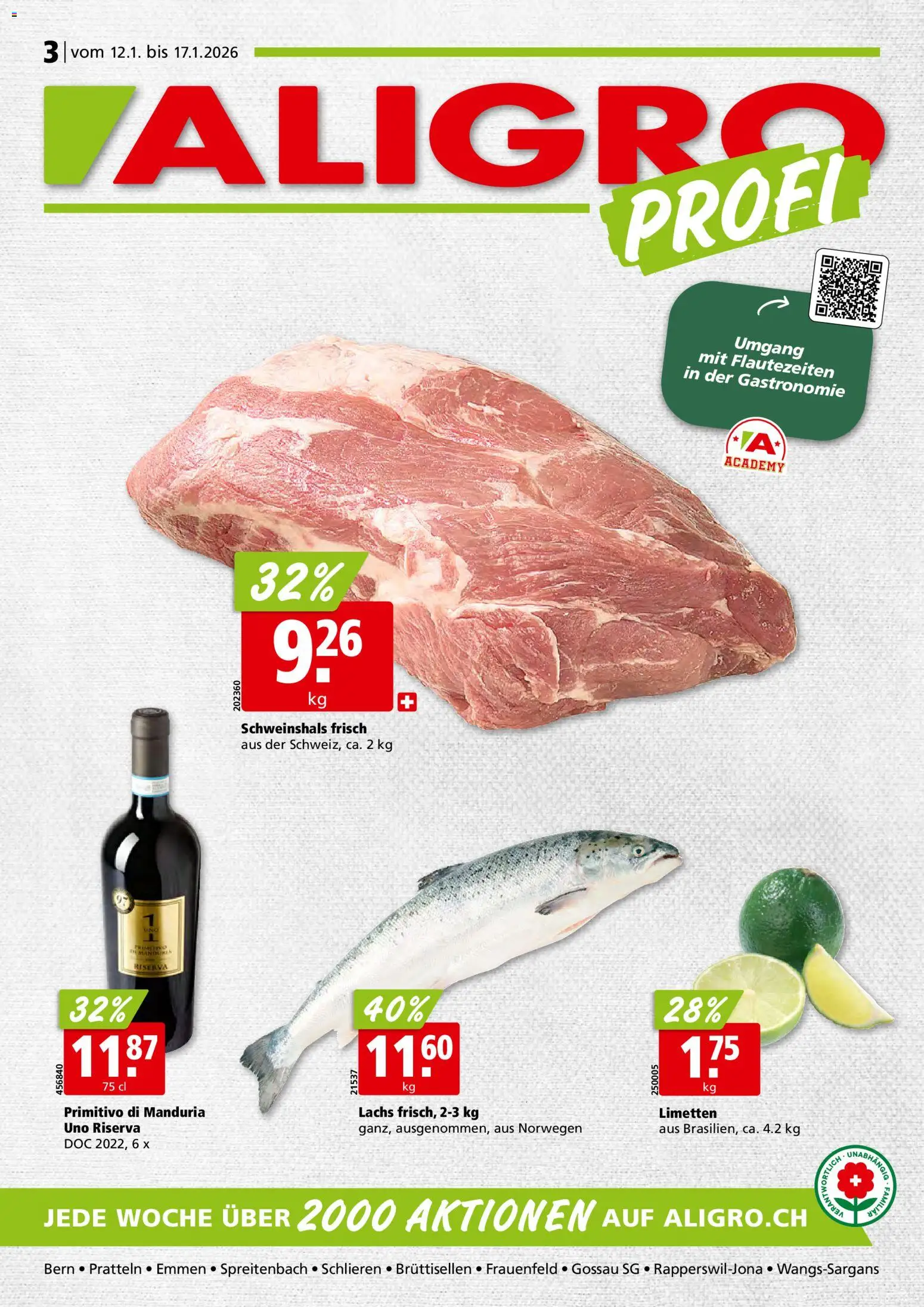 Aligro Aktionen Schlieren, Gossau SG, Frauenfeld, Rapperswil-Jona, Sargans, Bern, Brüttisellen, Pratteln, Emmen, Spreitenbach – gültig ab 12.01.2026 | Seite: 1 | Produkte: Lachs