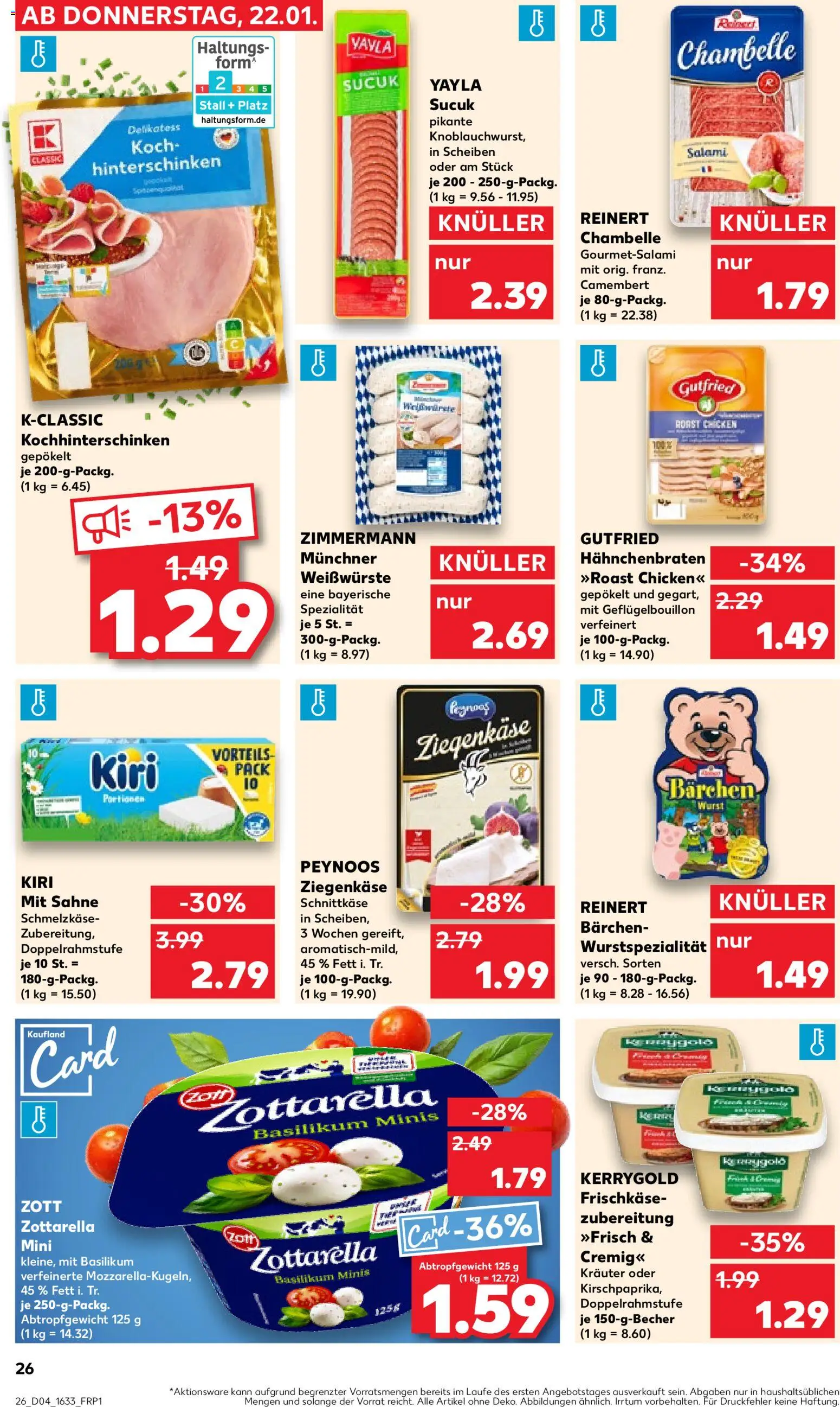 Kaufland Prospekt 	 – gültig ab 22.01.2026 | Seite: 26 | Produkte: Mozzarella, Ziegenkäse, Wurst, Salami