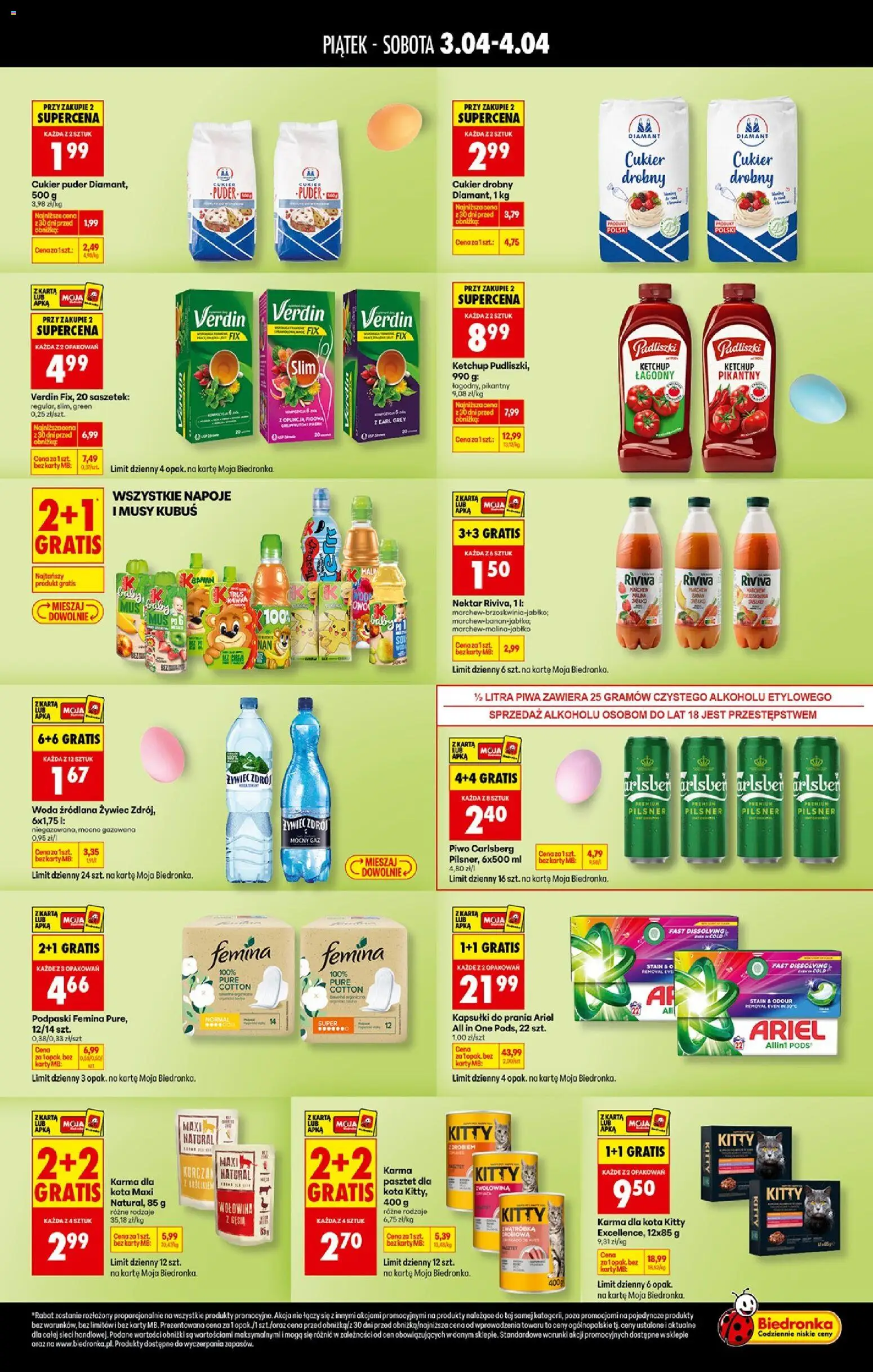 Biedronka gazetka - Tani weekend od 03.04.2026 | Strona: 2 | Produkty: Napoje, Podpaski, Ariel, Podpaski femina