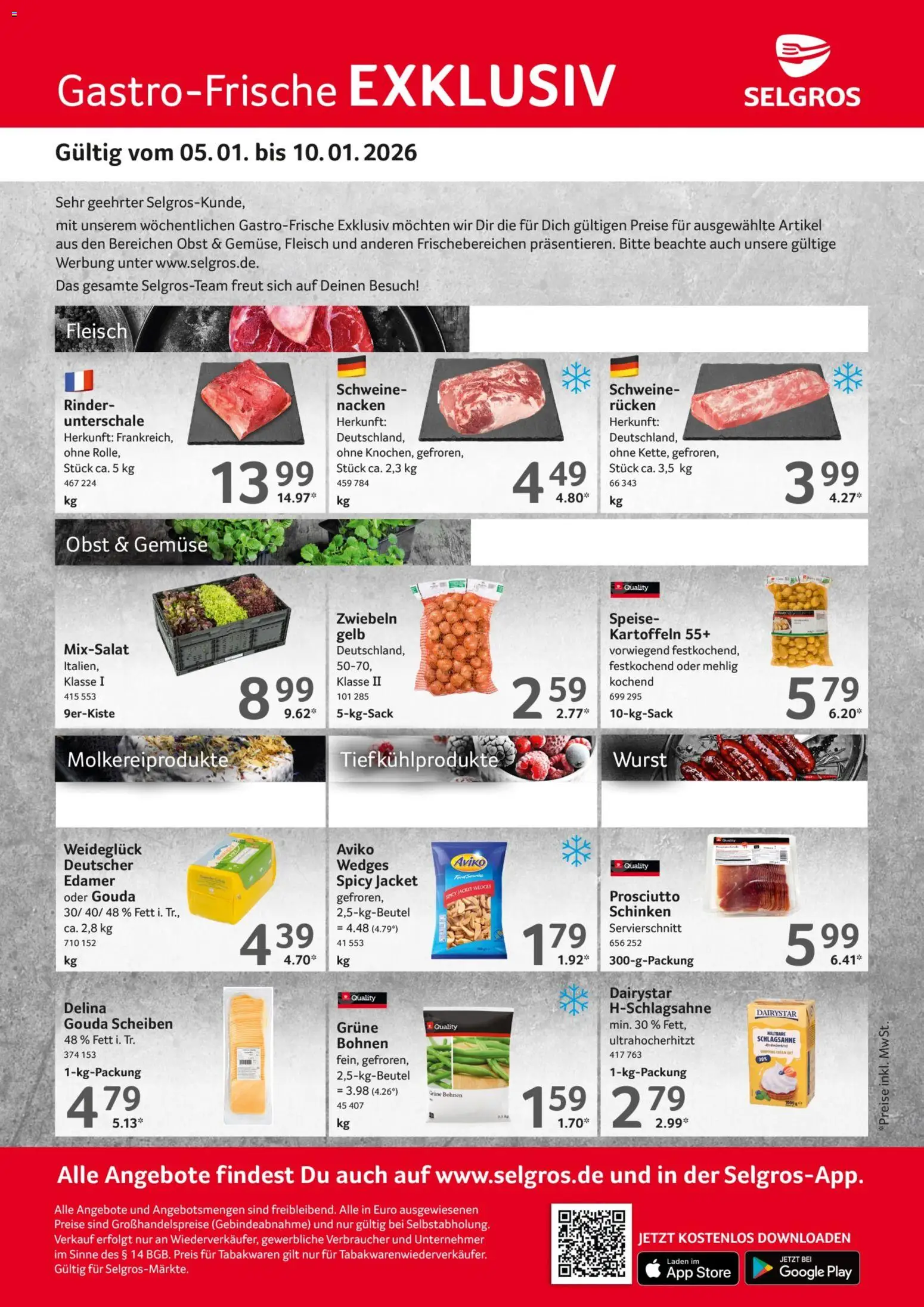 Selgros Gastroangebote – gültig ab 05.01.2026 | Seite: 1 | Produkte: Gemüse, Obst, Schinken, Fleisch