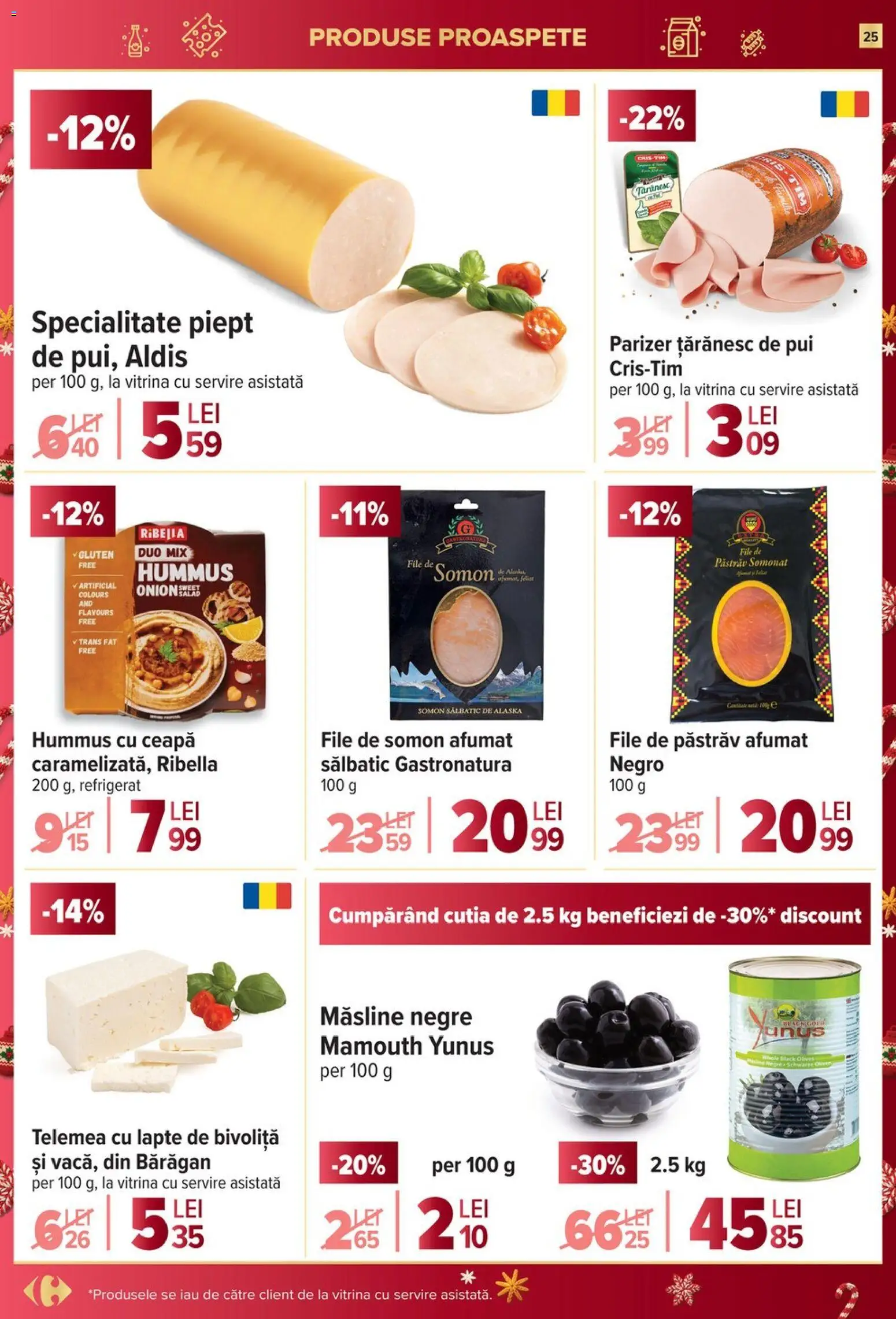 Noul catalog Carrefour – valabil de la 26.11.2025 | Pagină: 25 | Produse: Hijyenik ped, Hacıyatmaz Kedi Oyuncağı, Măsline, Lapte