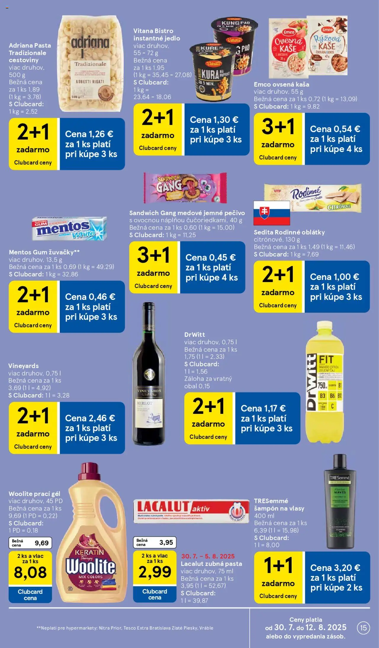 Tesco Hypermarket - leták │ platný od 30.07.2025 | Strana: 15 | Produkty: Cestoviny, Šampón, Woolite, Zubná pasta
