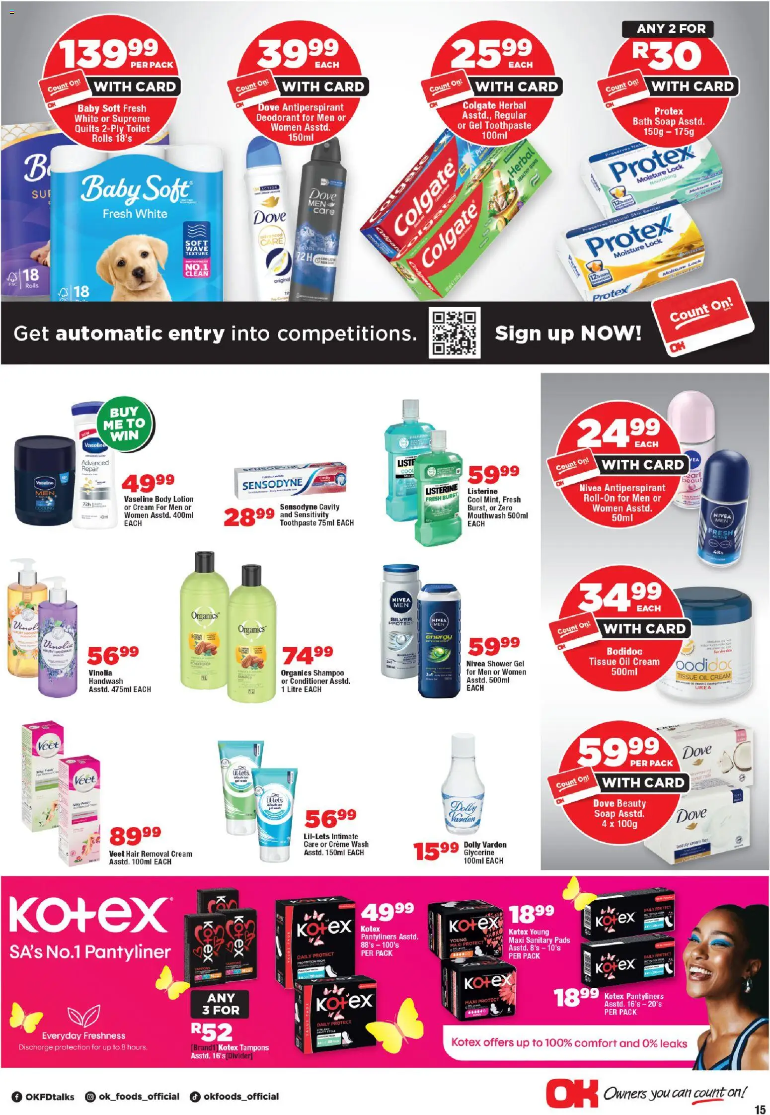 New OK Foods catalogue – valid from 21.01.2026 | Page: 15 | Products: Shower, Conditioner, Deodorant, Toothpaste