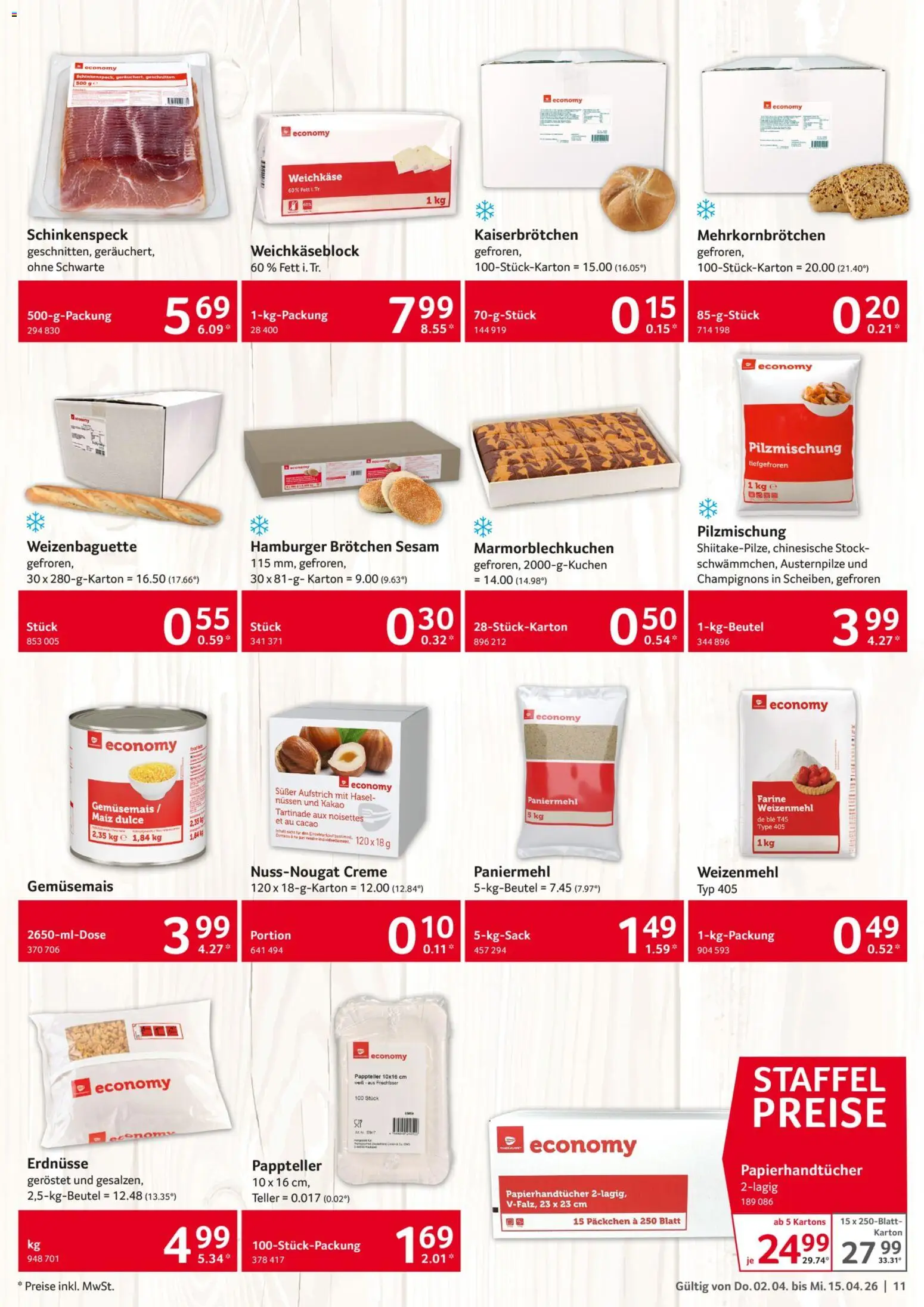 Selgros Gastronomie – gültig ab 02.04.2026 | Seite: 11 | Produkte: Erdnüsse, Weizenmehl, Creme, Champignons