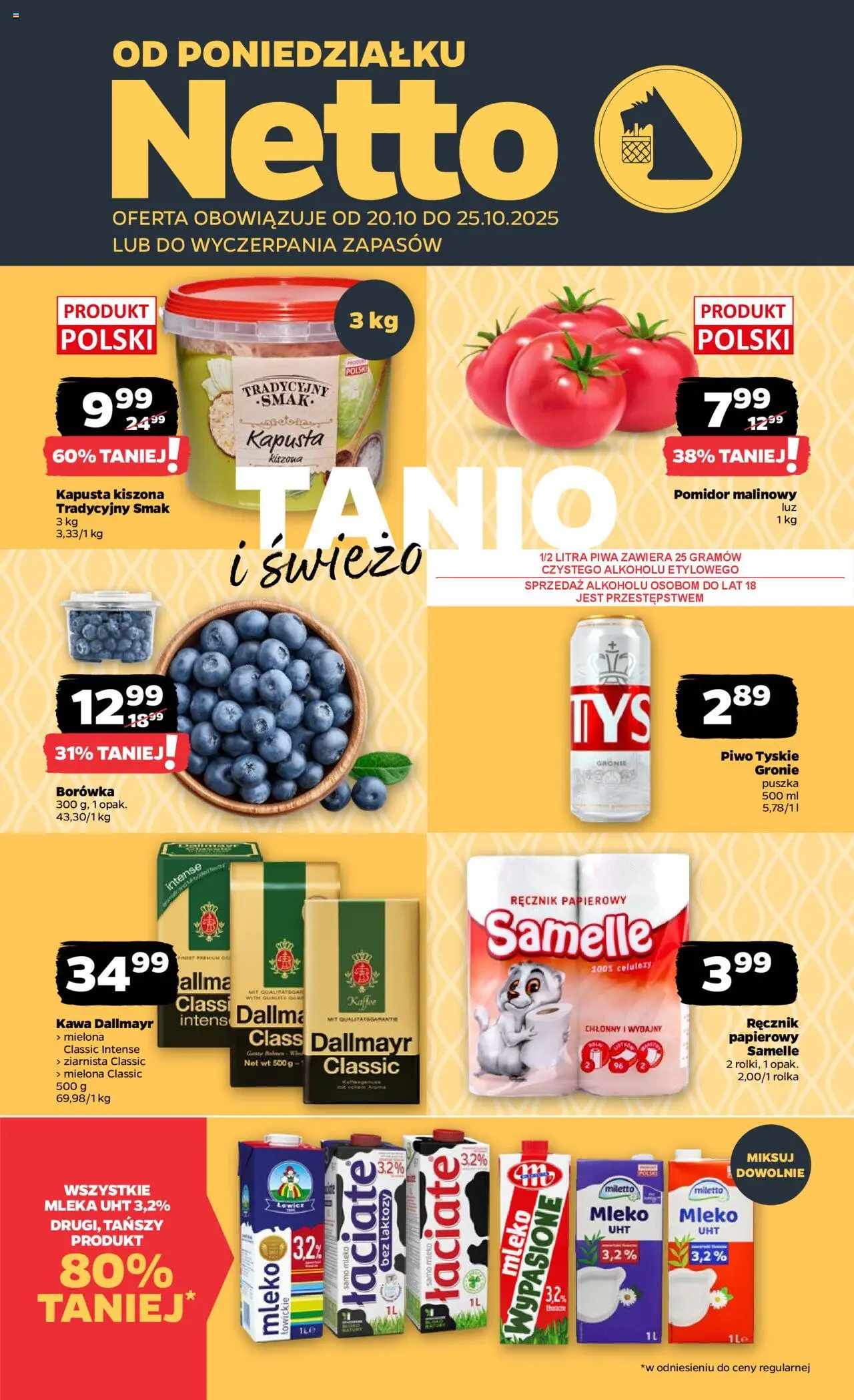 Netto gazetka - Spożywcza od 20.10.2025 | Strona: 1 | Produkty: Mleka, Mleko, Piwo, Ręcznik papierowy