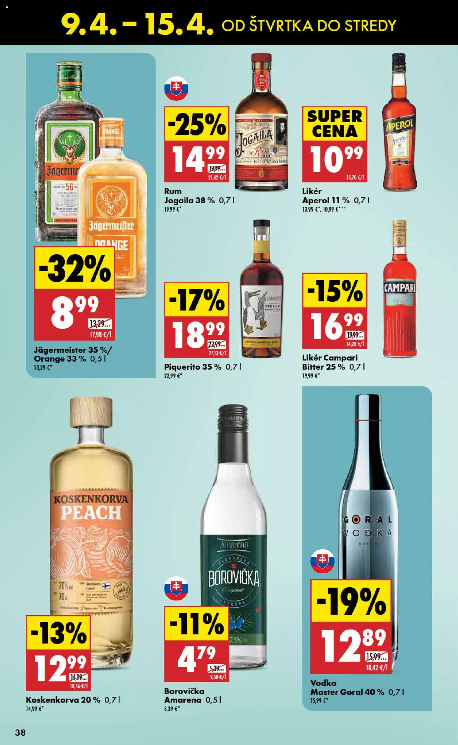 Nové Biedronka akcie – leták je platný od 09.04.2026 | Strana: 38 | Produkty: Borovička, Vodka, Aperol, Rum