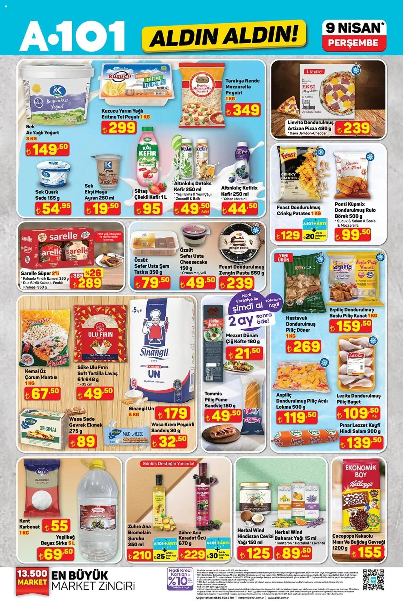 A101 - Katalog Aldın Aldın - 09.04.2026 tarihinden itibaren geçerlidir | Sayfa: 1 | Ürünler: Kefir, Pizza, Sosis, Piliç