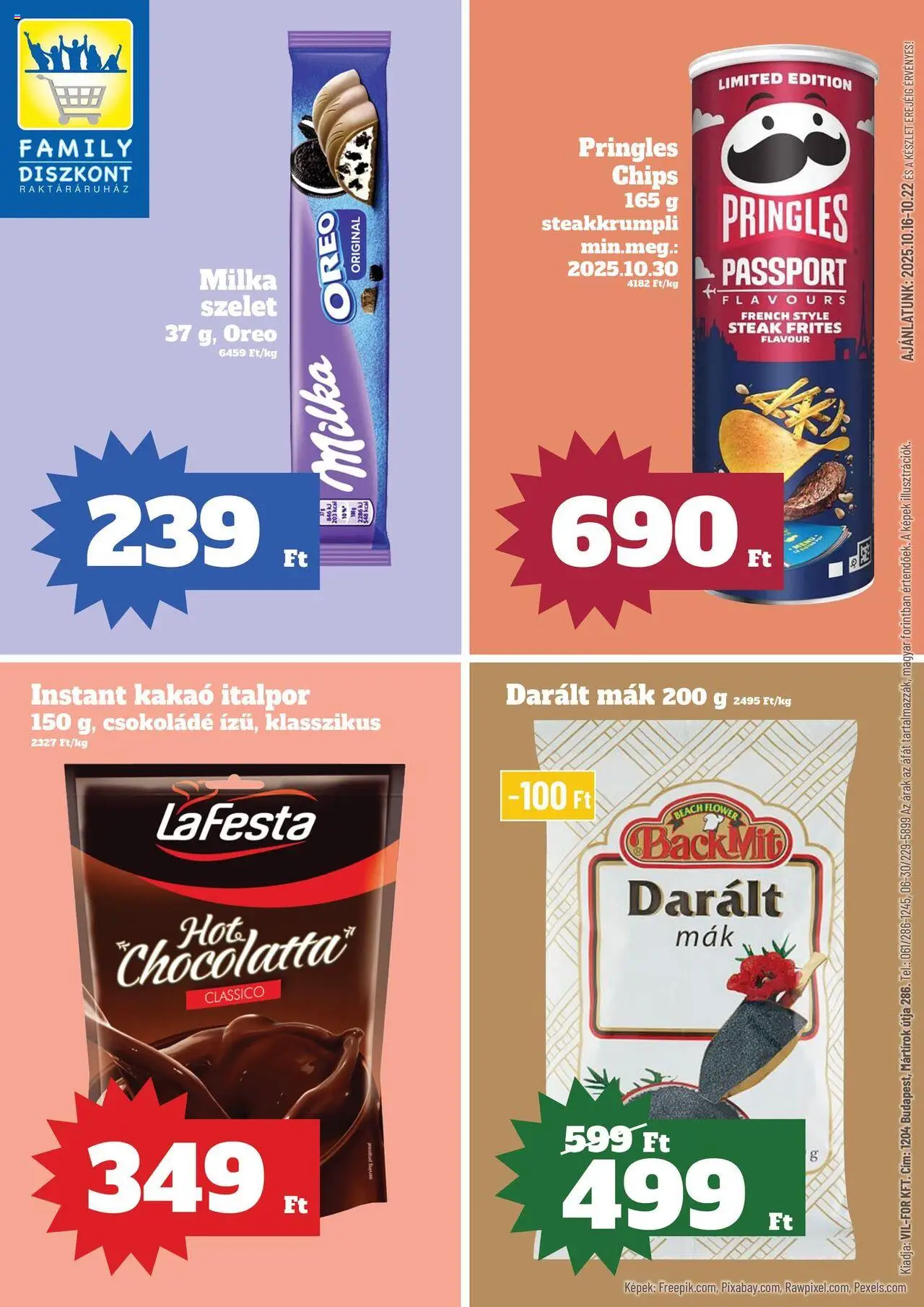 Family Diszkont akciós ujság - amely érvényes a következő dátumtól: 16.10.2025 | Oldal: 1 | Termékek: Chips, Pringles, Csokoládé, Italpor
