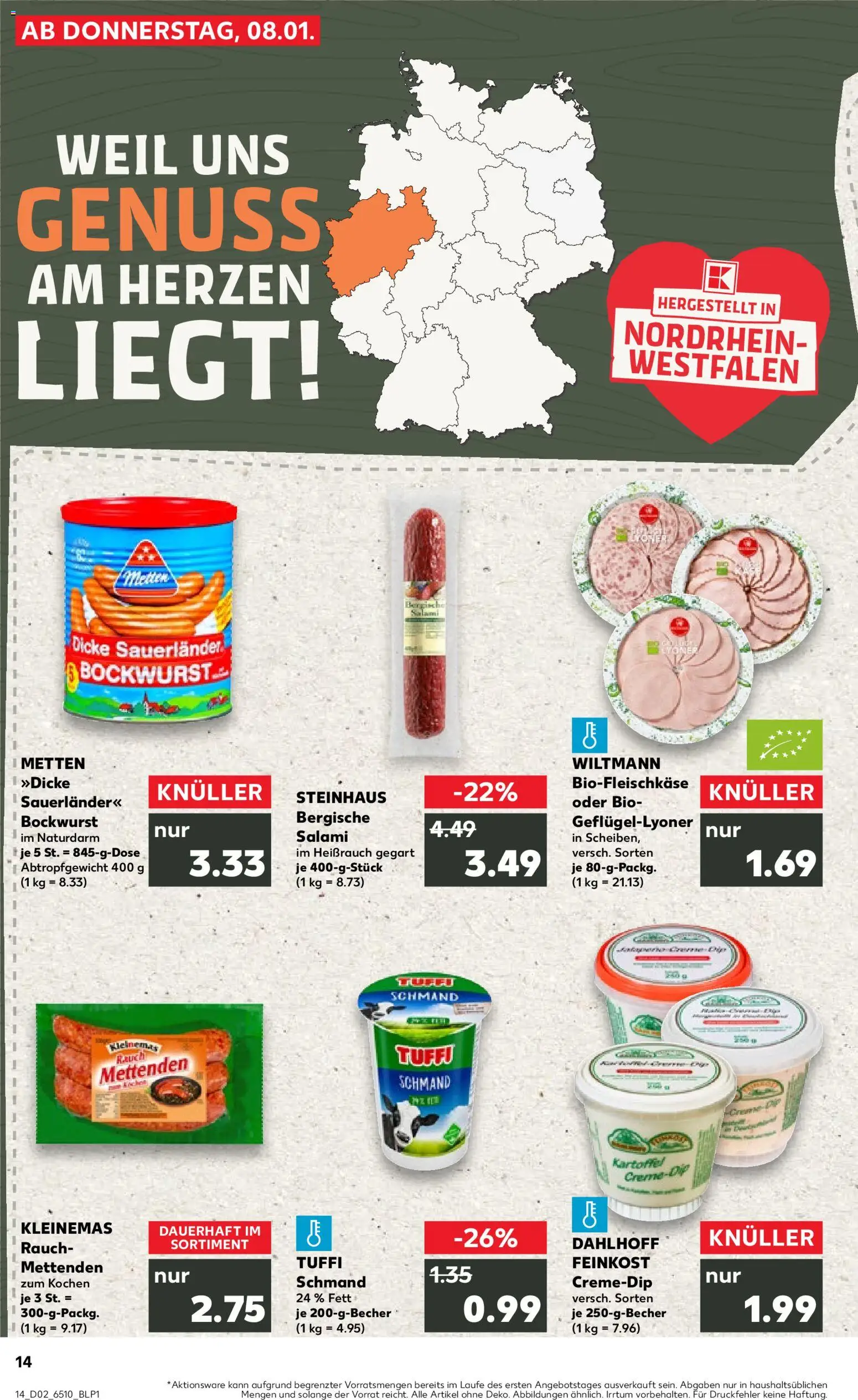 Kaufland prospekt Köln	 – gültig ab 08.01.2026 | Seite: 14 | Produkte: Bockwurst, Salami