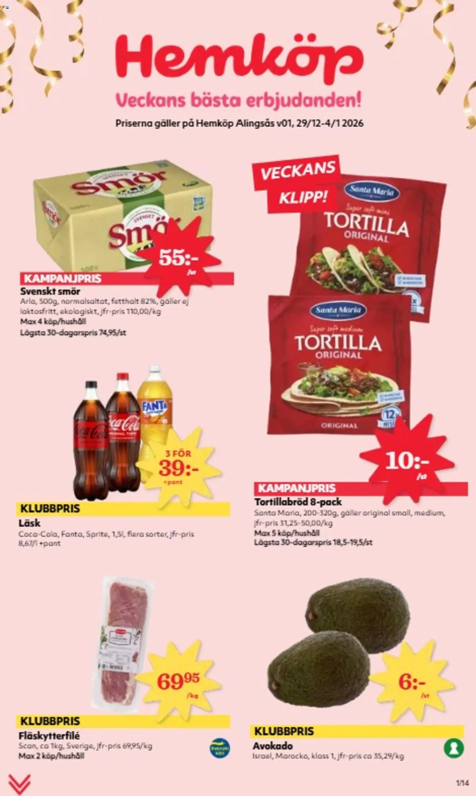 Hemköp reklamblad aktuell från 29.12.2025 | Sida: 1 | Produkter: Tortilla, Fläskytterfilé, Fanta, Smör
