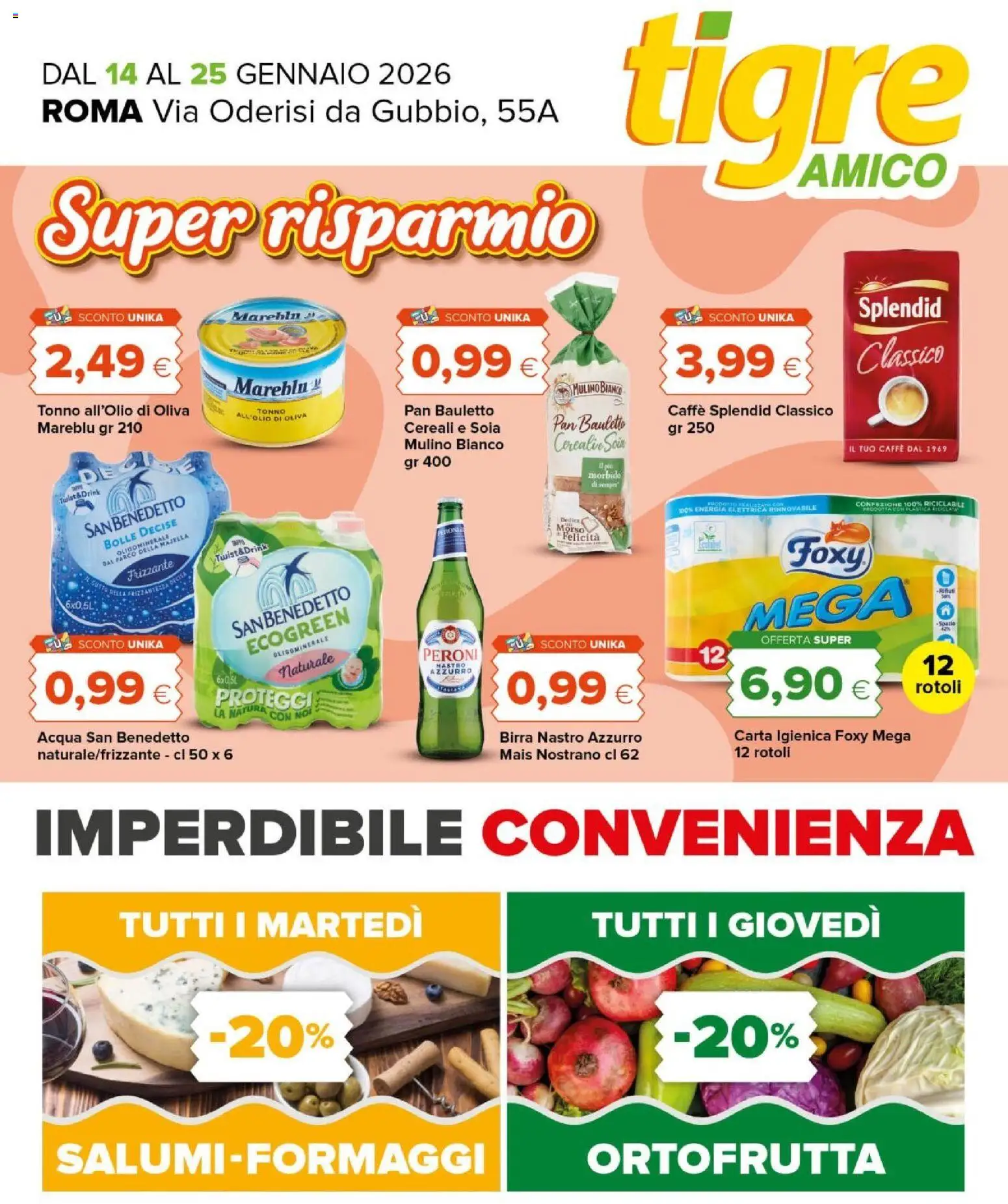 Volantino Tigre del 14.01.2026 | Pagina: 1 | Prodotti: Carta igienica, Cereali, Tonno, Mais