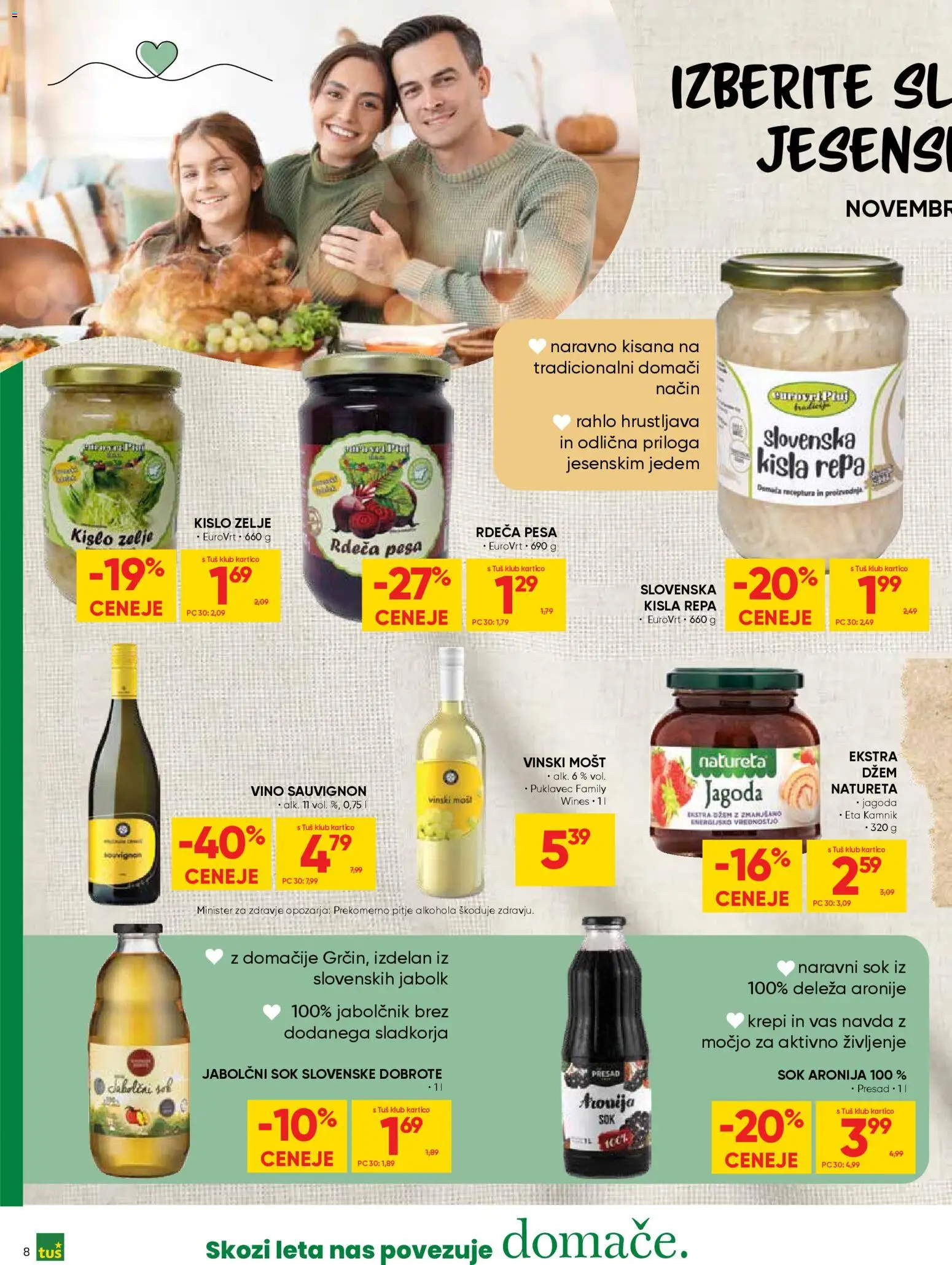 Novi Tuš katalog ponudbe – veljaven od 19.11.2025 | Stran: 8 | Izdelki: Naravni sok, Sok, Vino, Pesa