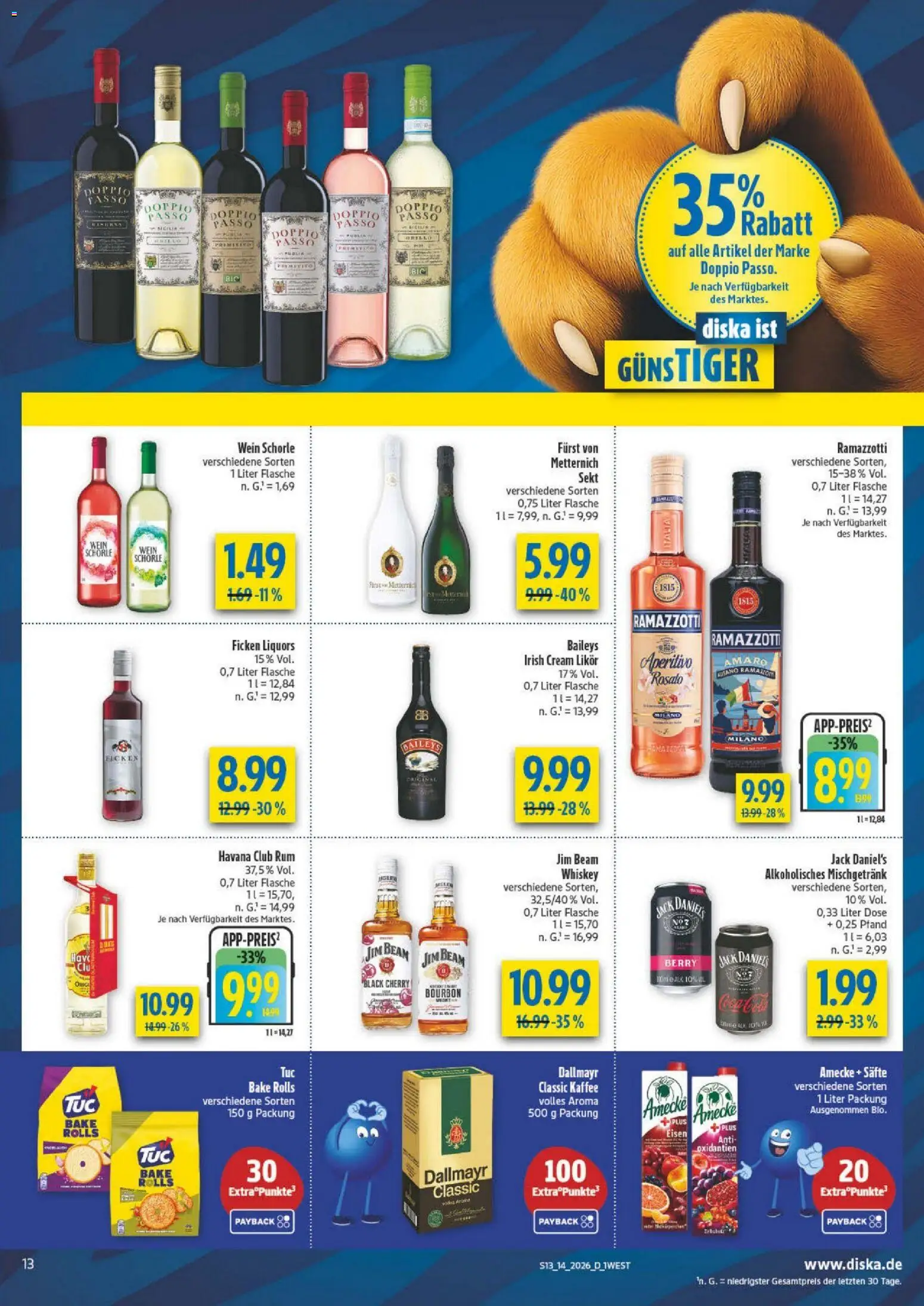 Diska - Diska Angebote Bayern KW14 – gültig ab 30.03.2026 | Seite: 13 | Produkte: Jim beam, Dallmayr, Baileys, Wein