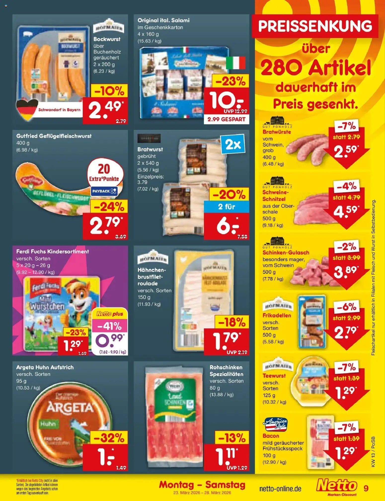 Netto Marken-Discount Prospekt Regensburg	 – gültig ab 23.03.2026 | Seite: 9 | Produkte: Bockwurst, Schnitzel, Wurst, Fleisch