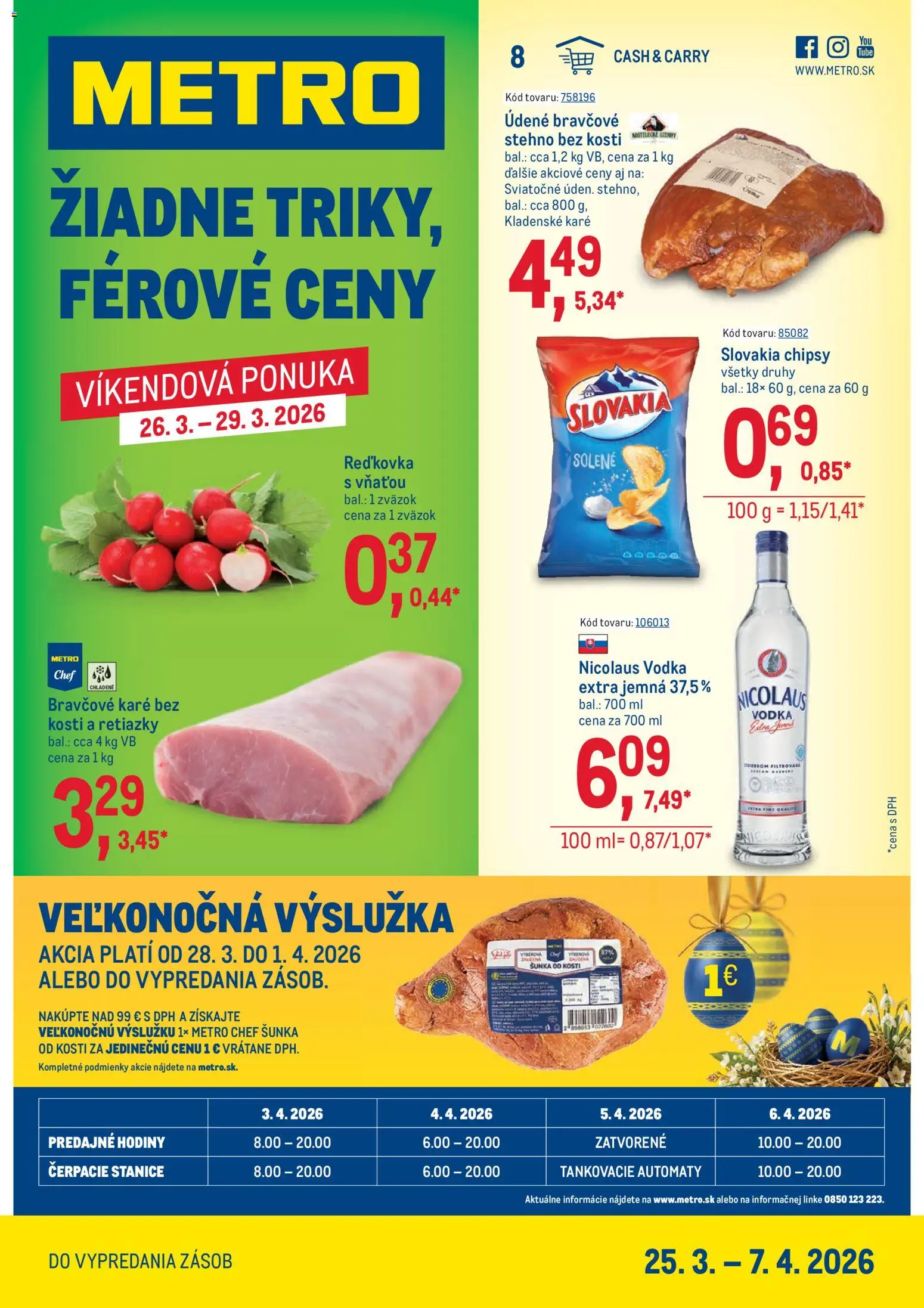 Nové Metro akcie – leták je platný od 25.03.2026 | Strana: 1 | Produkty: Hodiny, Šunka, Bravčové stehno, Nicolaus vodka