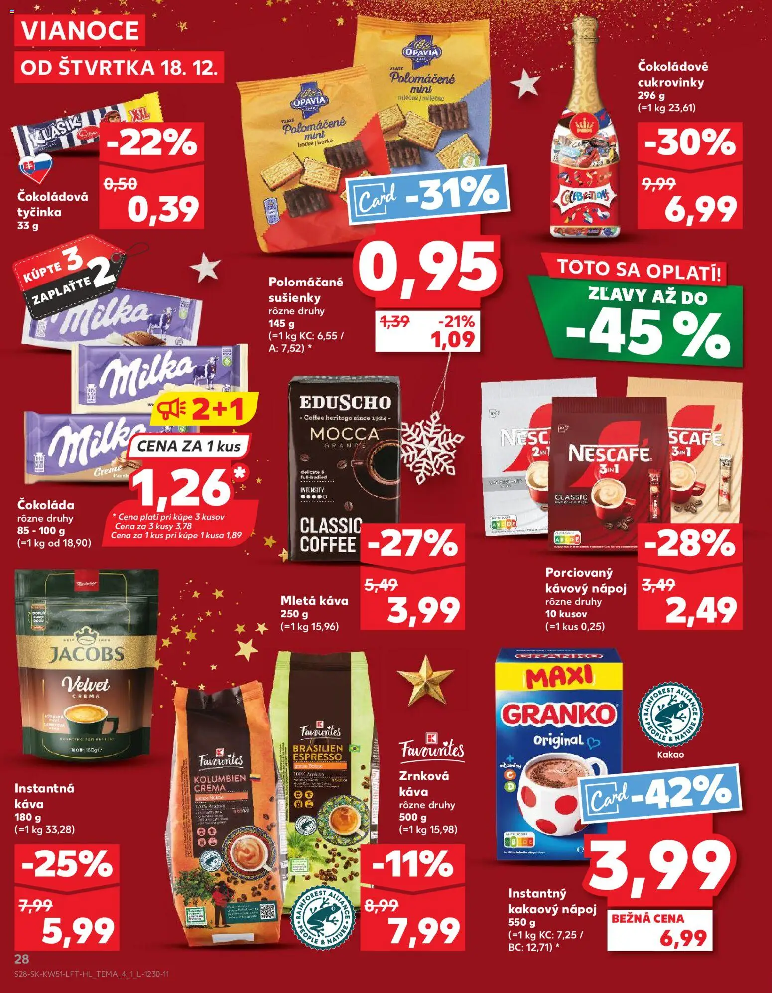 Nové Kaufland akcie – leták je platný od 18.12.2025 | Strana: 28 | Produkty: Jacobs Velvet, Milka, Zrnková káva, Kakao