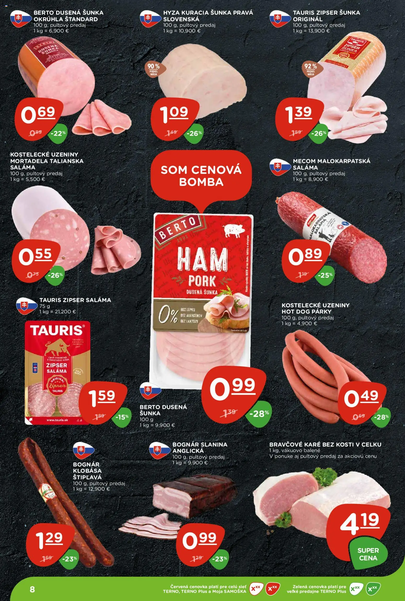 Nové Terno akcie – leták je platný od 09.04.2026 | Strana: 8 | Produkty: Saláma, Šunka, Klobása, Párky