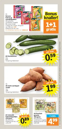Servero fruit to go voordeelpakken, Alle varianten, combineren mogelijk. Bijv. spicy orange. 2 dozen van 4 stuks, 400 gram - Voorbeeld van een folder van Albert Heijn, geldig van 06.04.2026 | Pagina: 3 | Producten: Krieltjes, Fruit, Zoete Aardappel, Kan