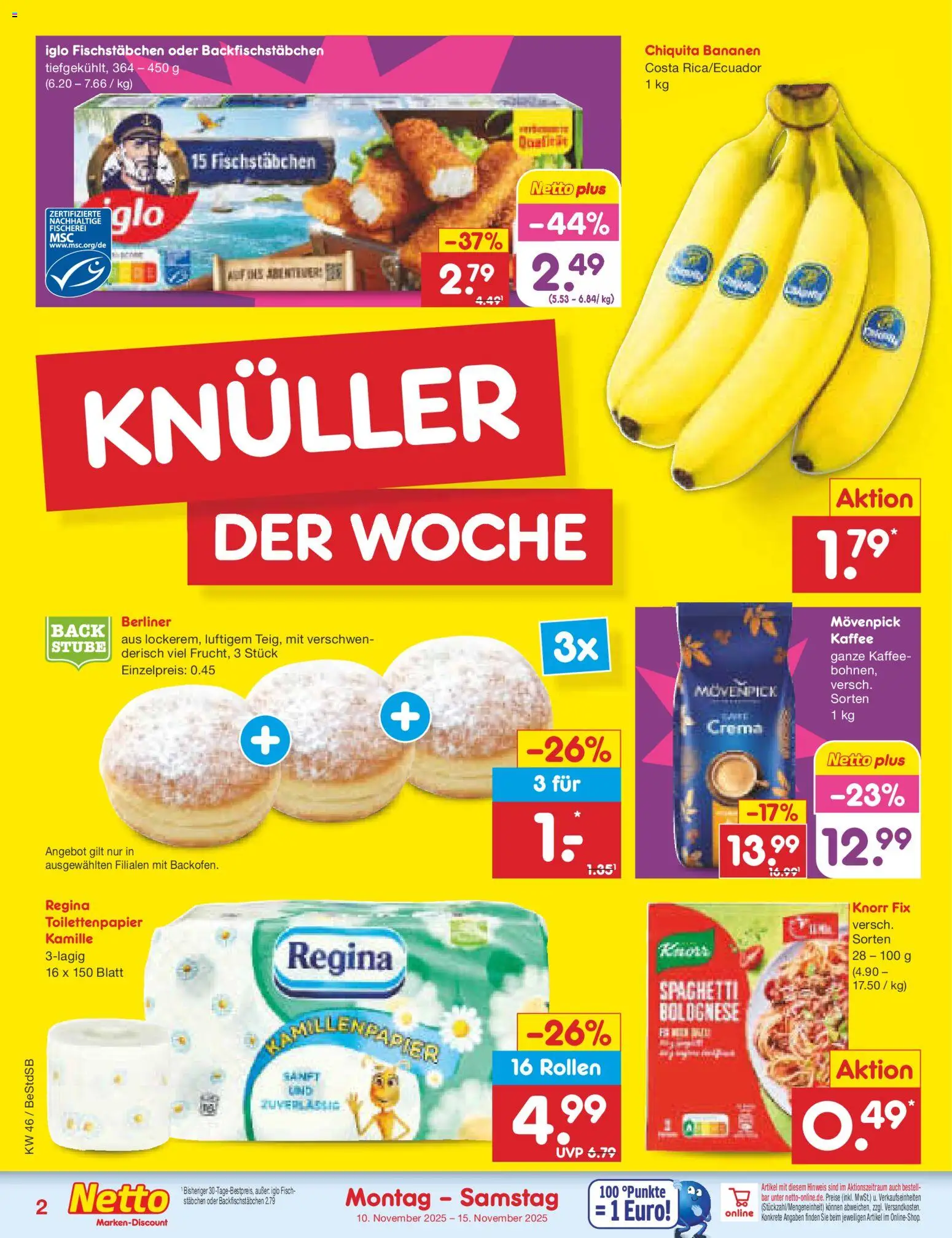 Netto Marken-Discount Prospekt 	 – gültig ab 10.11.2025 | Seite: 2 | Produkte: Kaffee, Iglo, Bananen, Toilettenpapier