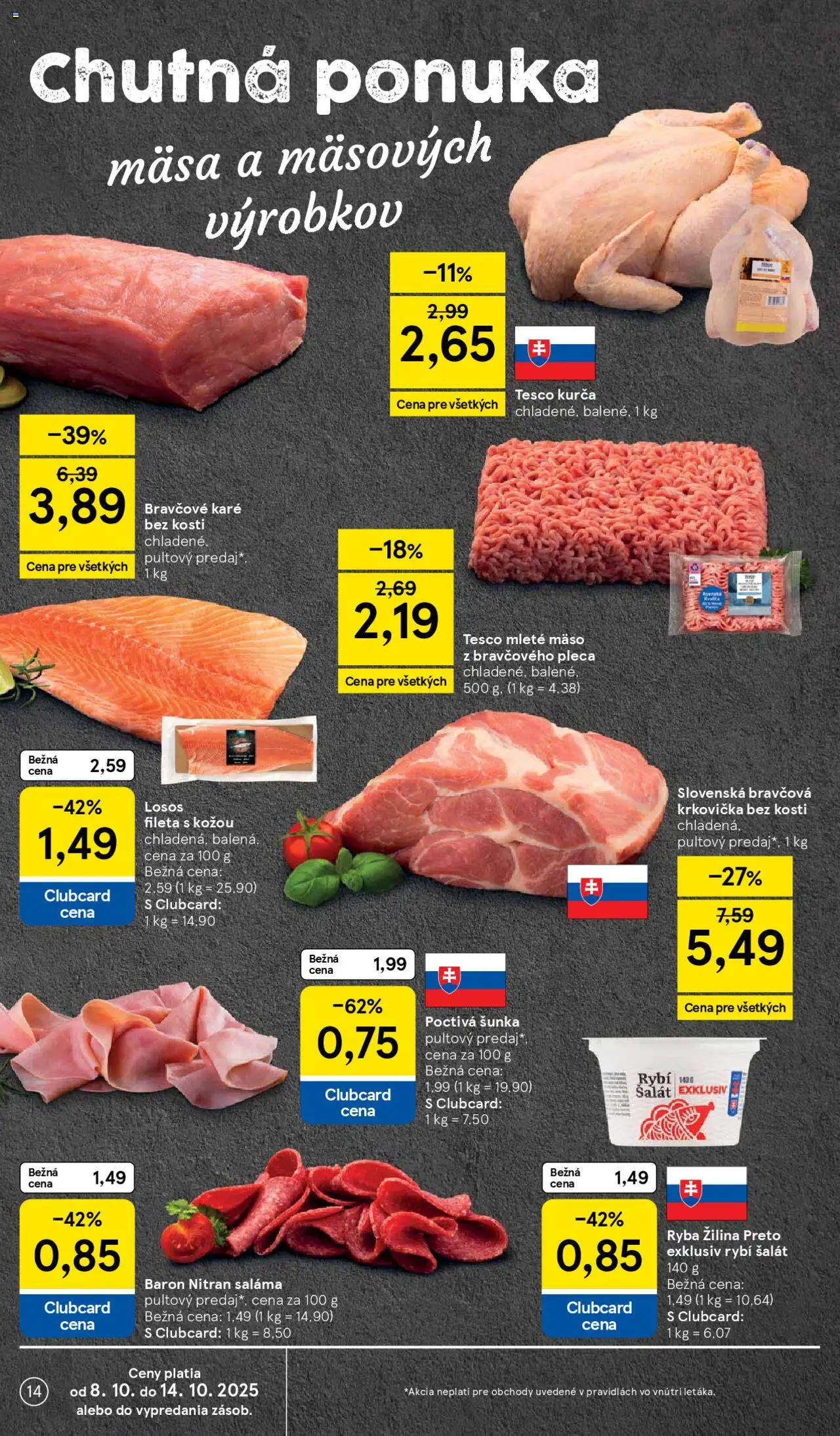 Nové Tesco akcie – leták je platný od 08.10.2025 | Strana: 14 | Produkty: Bravčová krkovička, Losos, Krkovička, Mleté mäso
