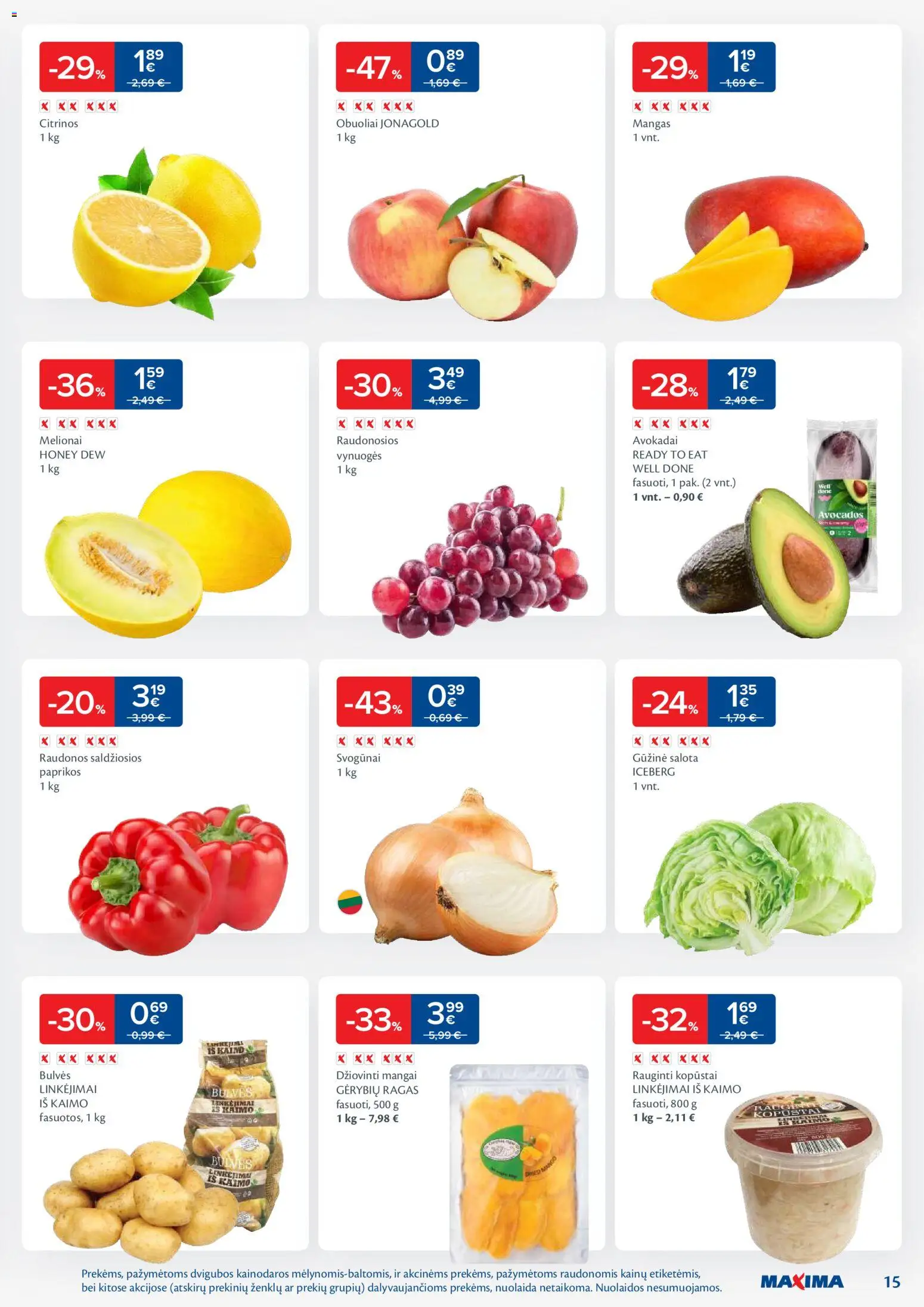 MAXIMA akcijos nuo 13.01.2026 | Puslapis: 15 | Prekių: Salota, Avokadai, Svogūnai, Bulvės