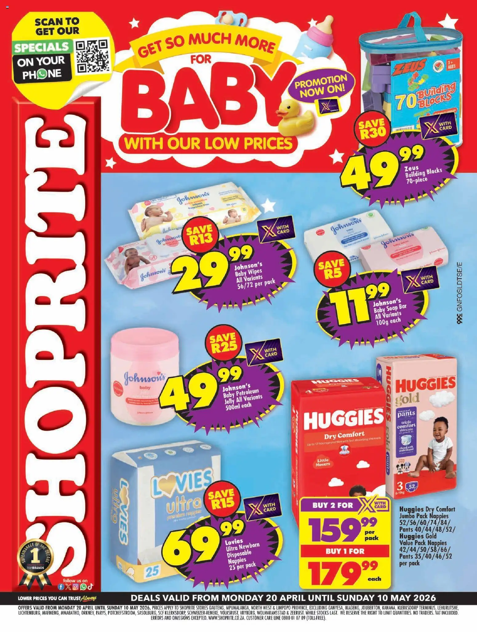 New Shoprite catalogue – valid from 20.04.2026 | Page: 1 | Products: Pants, Soap, Petroleum jelly, Nappies