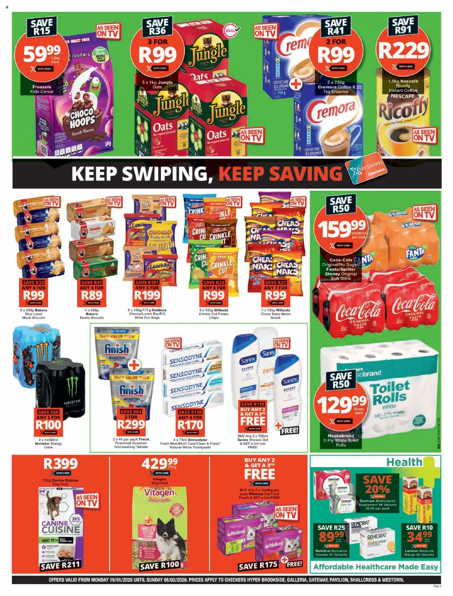 New Checkers catalogue – valid from 19.01.2026 | Page: 3 | Products: Shower, Oats, Cat food, Estuche organizador de viaje