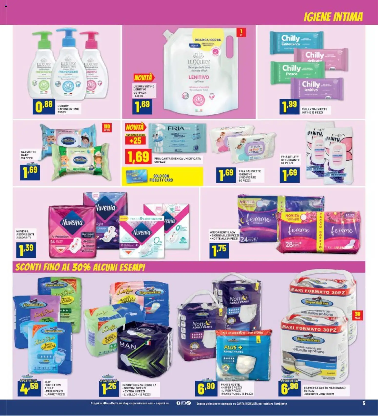 Volantino RisparmioCasa del 23.10.2025 | Pagina: 5 | Prodotti: Carta igienica, Sapone, Detergente intimo, Slip