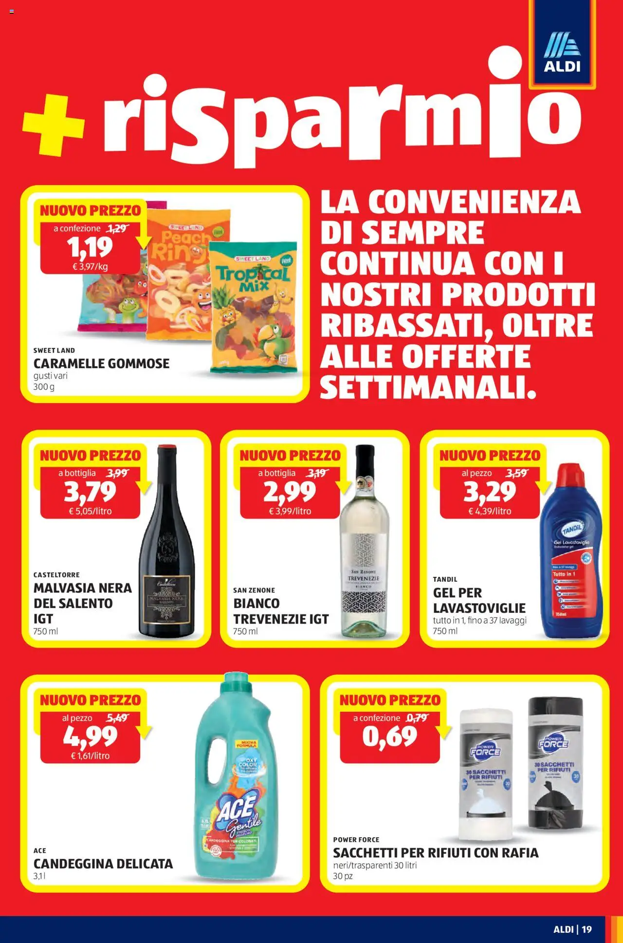 Volantino Aldi del 01.09.2025 | Pagina: 19 | Prodotti: Caramelle, Candeggina, Lavastoviglie, Bottiglia