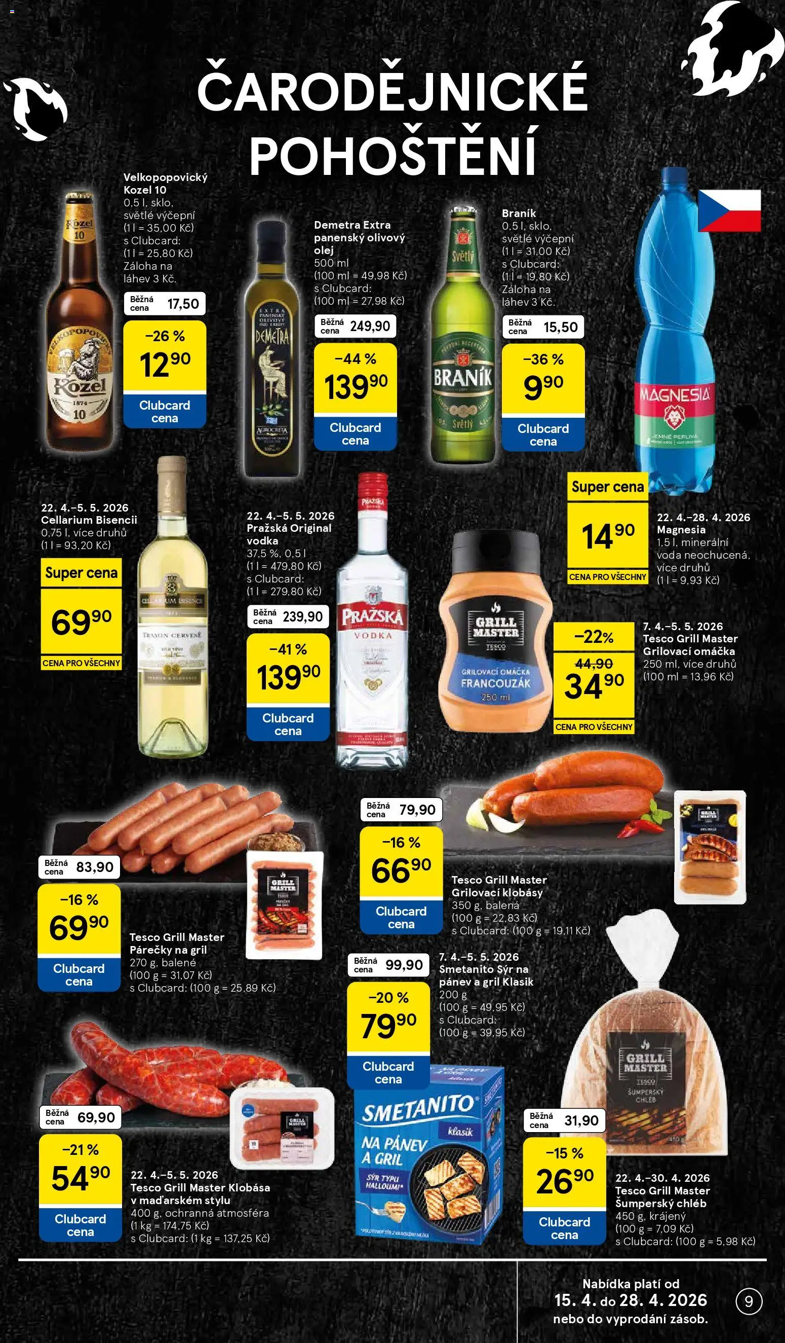 Tesco leták - Supermarket od 22.04.2026 | Strana: 9 | Produkty: Olivový olej, Voda, Halloumi, Velkopopovický Kozel 10
