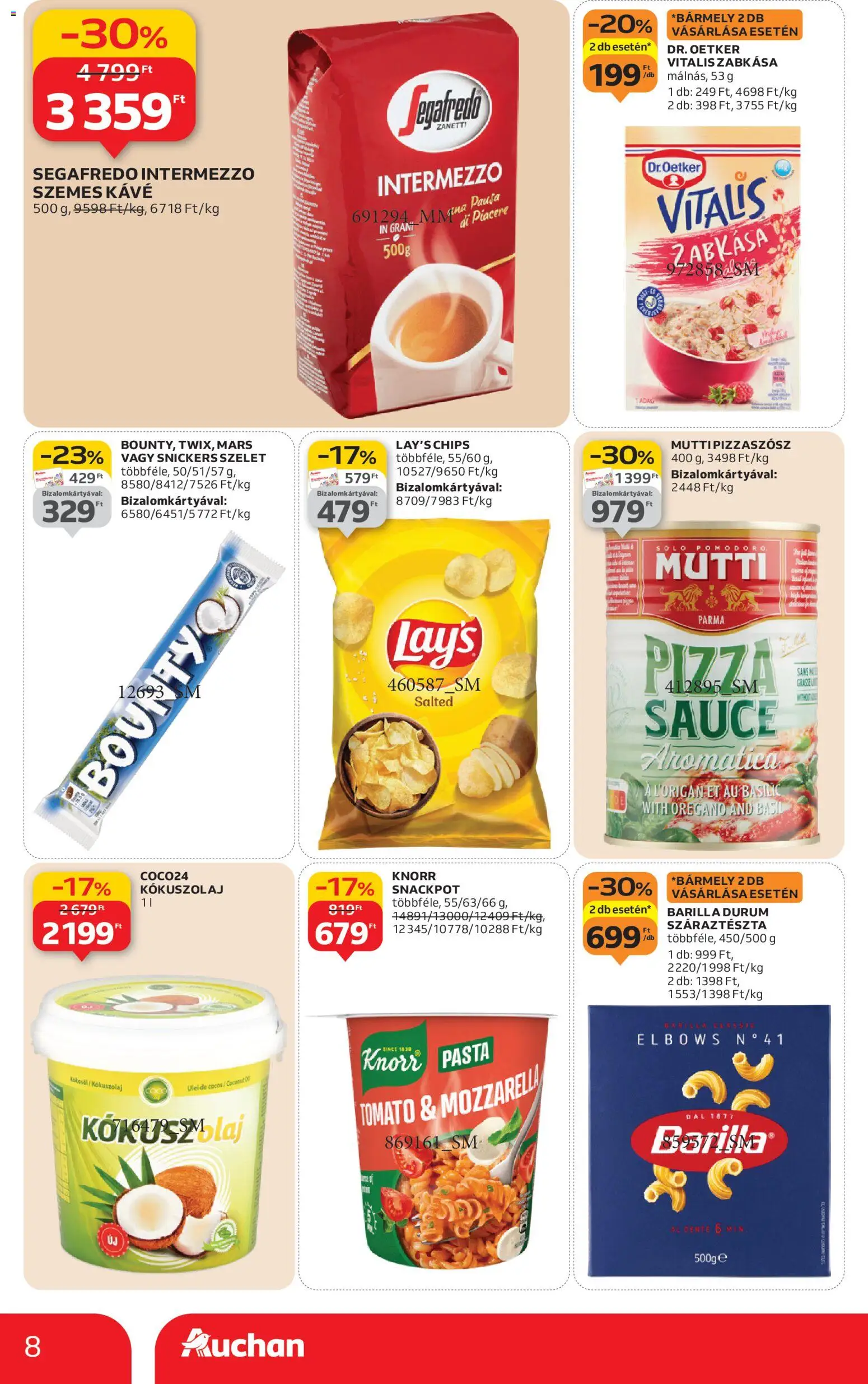 Auchan akciós ujság - amely érvényes a következő dátumtól: 22.01.2026 | Oldal: 8 | Termékek: Mozzarella, Chips, Snickers, Száraztészta