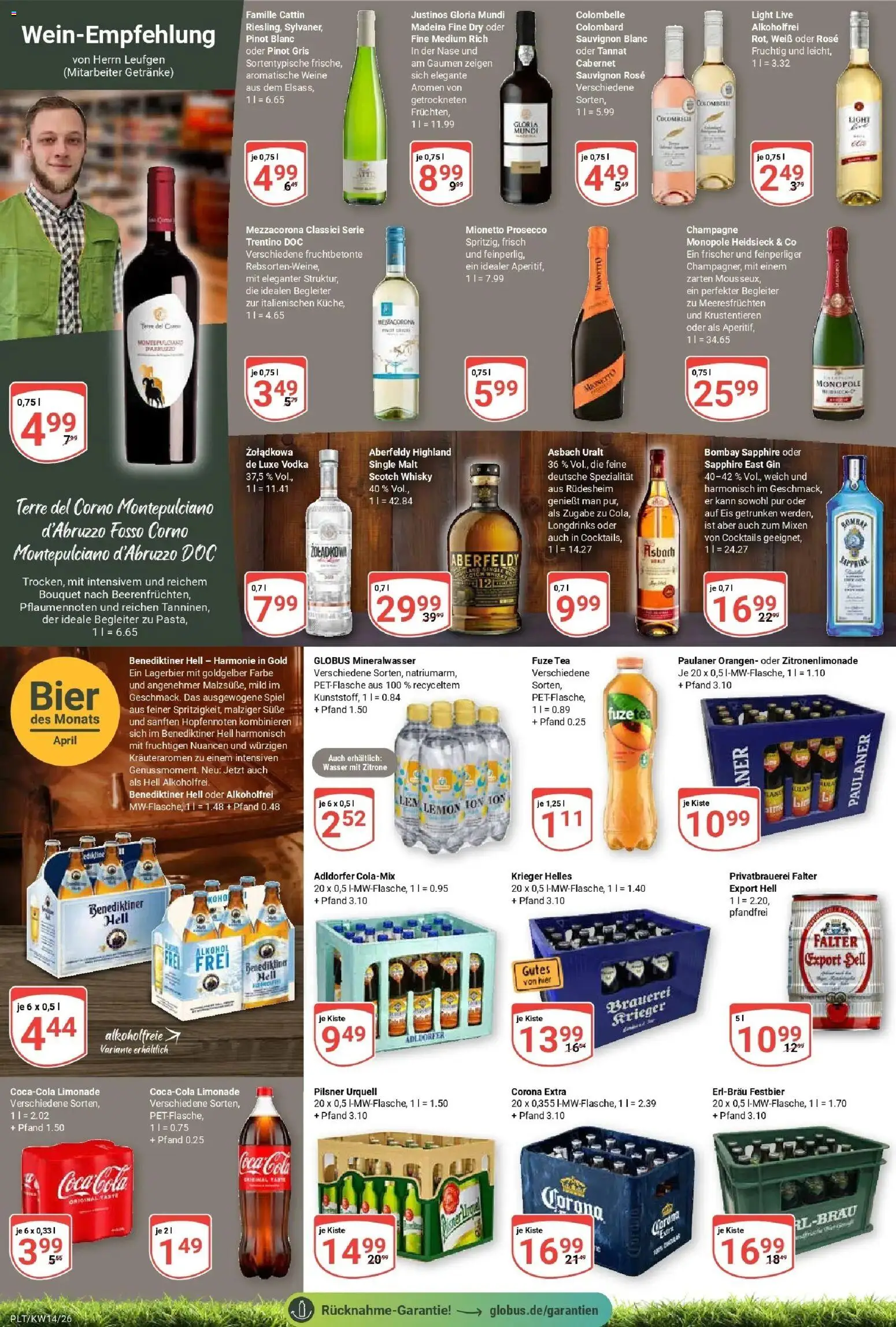Globus prospekt Plattling	 – gültig ab 30.03.2026 | Seite: 19 | Produkte: Cola, Benediktiner hell, Wasser, Gin