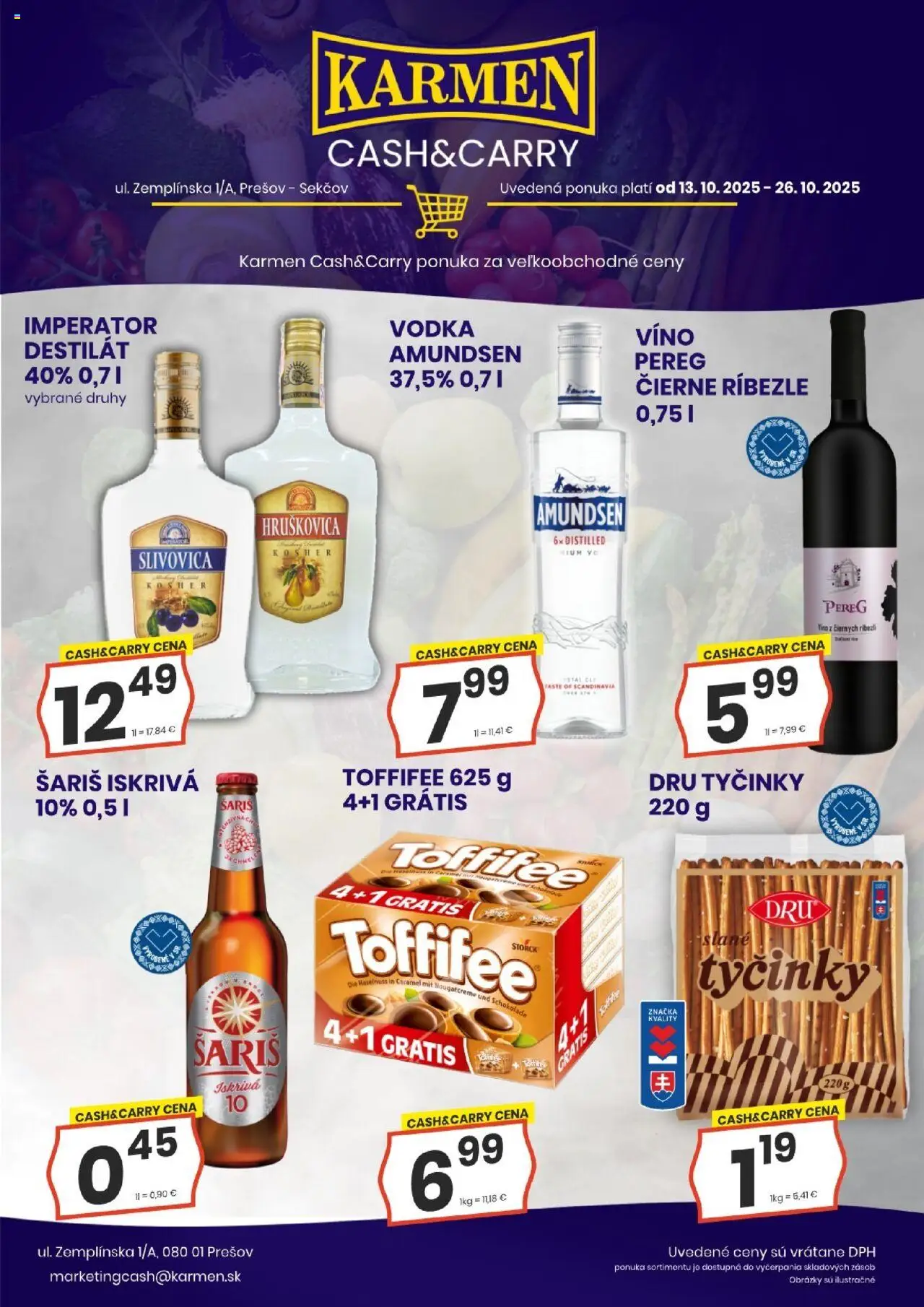 Nové KARMEN CBA akcie – leták je platný od 13.10.2025 | Strana: 1 | Produkty: Ríbezle, Toffifee, Šariš, Destilát