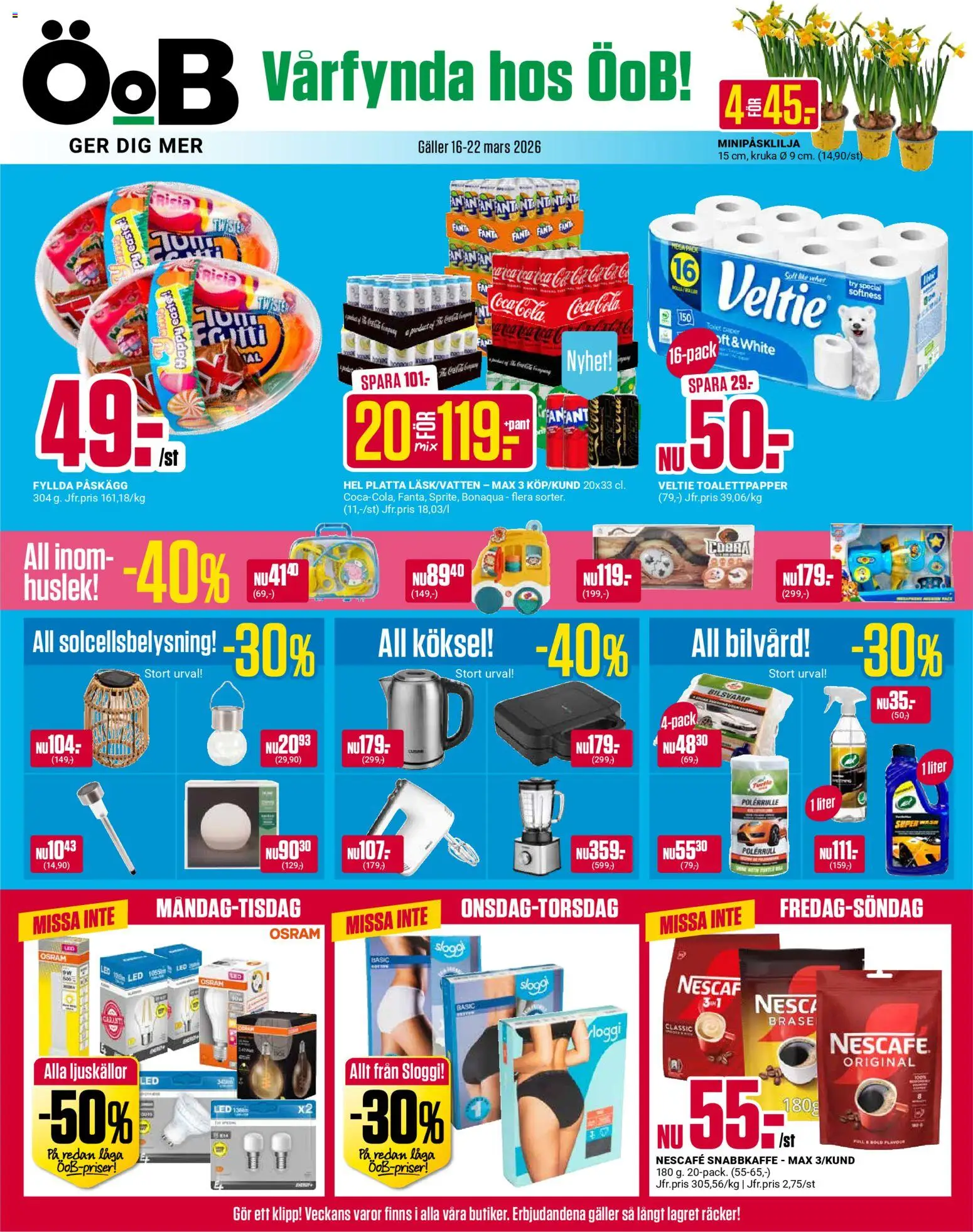 ÖoB reklamblad aktuell från 16.03.2026 | Sida: 1 | Produkter: Solcellsbelysning, Toalettpapper, Coca cola, Fanta