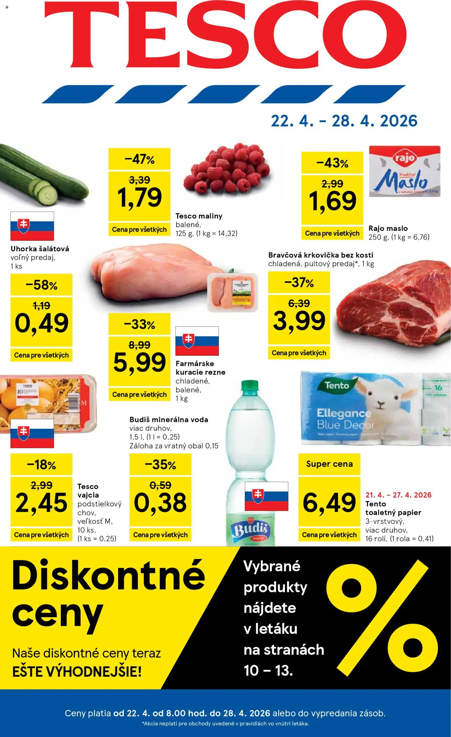 Nové Tesco akcie – leták je platný od 22.04.2026 | Strana: 1 | Produkty: Maslo, Vajcia, Toaletný papier, Voda