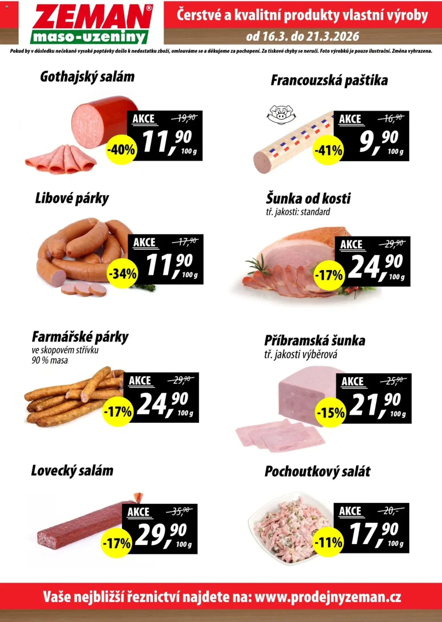 Prodejny Zeman leták od 16.03.2026 | Strana: 2 | Produkty: Šunka od kosti, Šunka, Salát, Lovecký salám