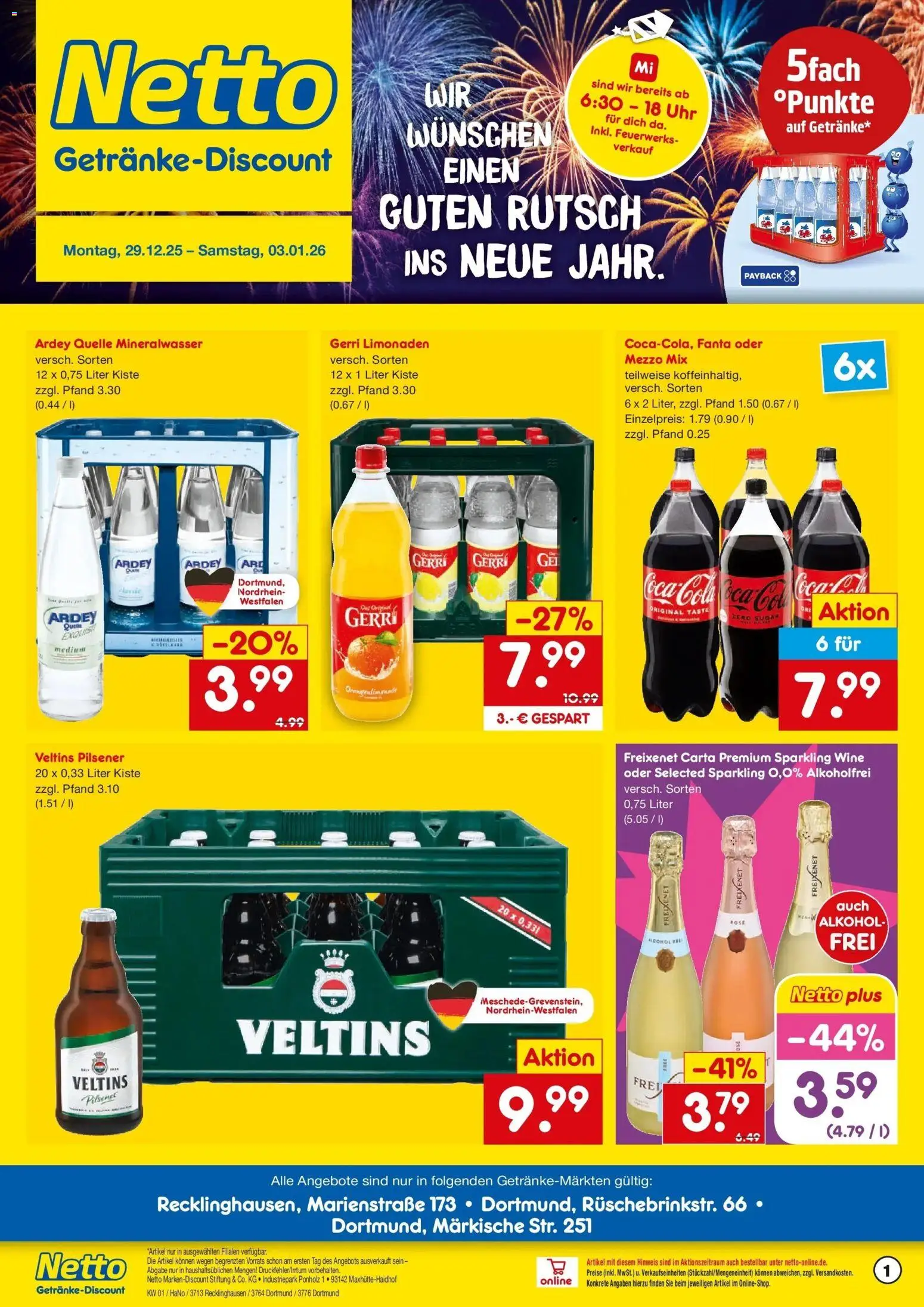 Netto Marken-Discount prospekt Dortmund	 – gültig ab 28.12.2025 | Seite: 1 | Produkte: Fanta, Freixenet, Mineralwasser, Uhr