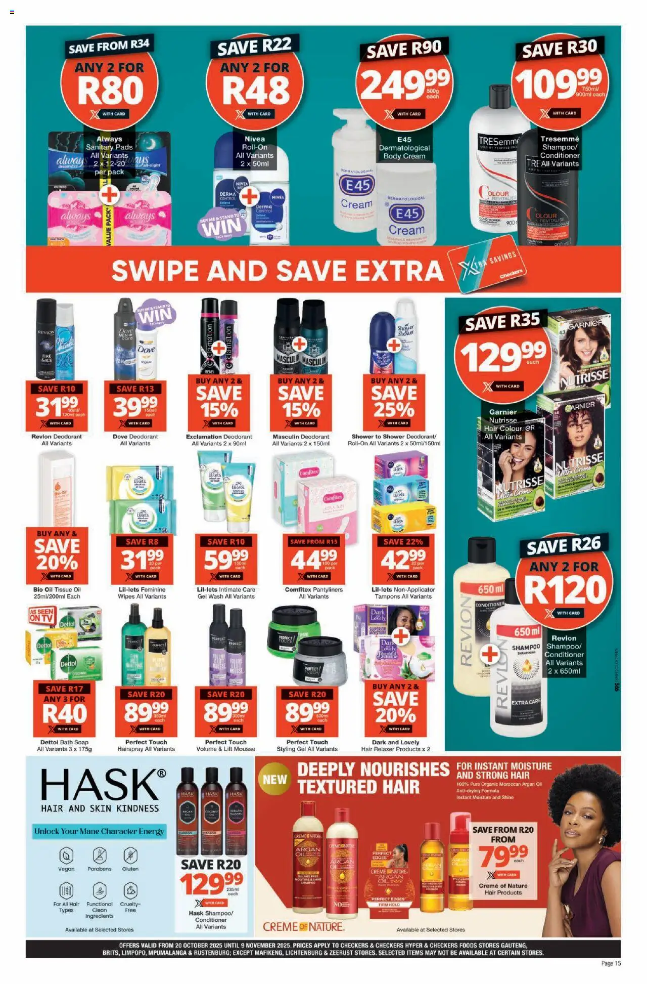 New Checkers catalogue – valid from 20.10.2025 | Page: 15 | Products: Tissue oil, Bath, Conditioner, Soap