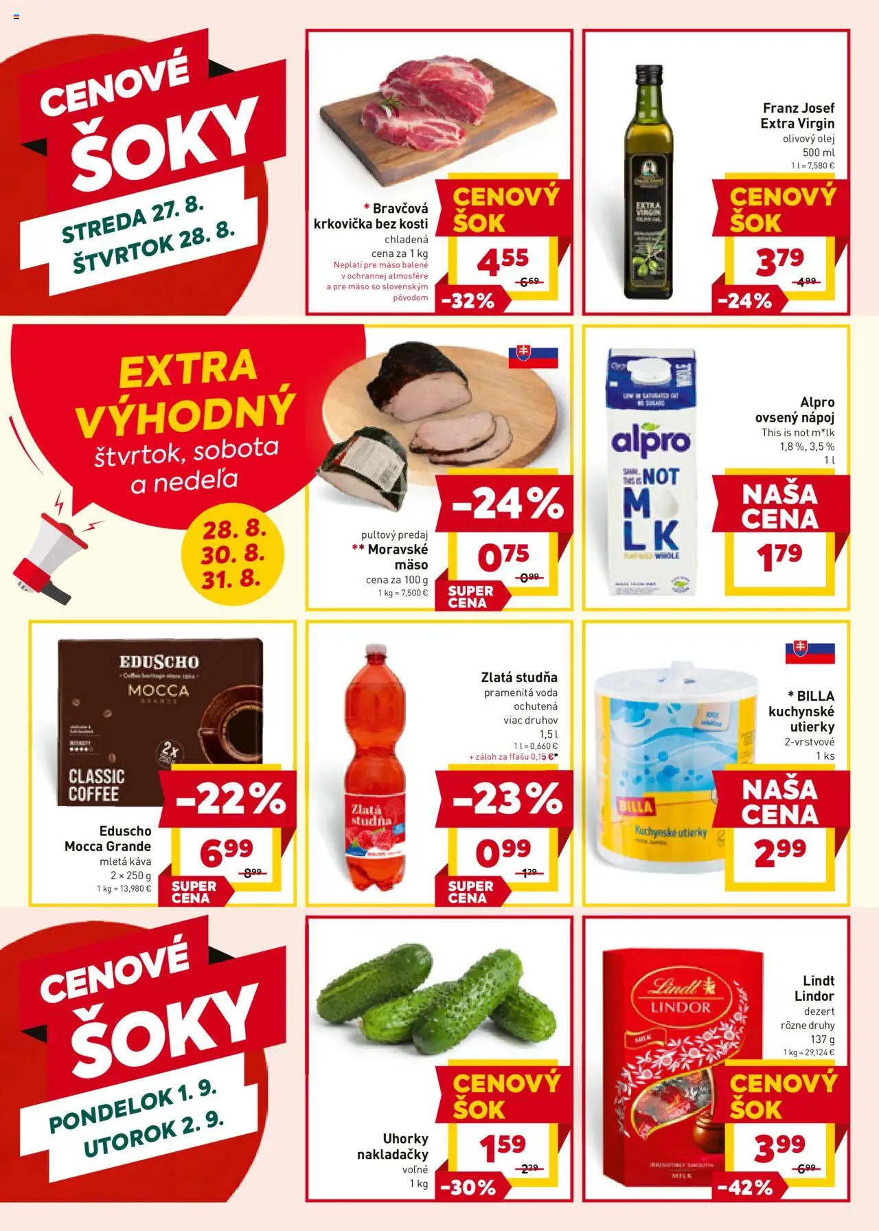 Billa leták │ platný od 27.08.2025 | Strana: 20 | Produkty: Káva, Lindt, Krkovička, Voda