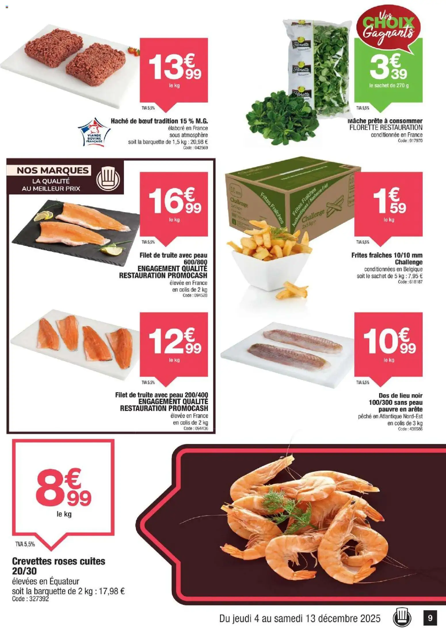 {H1} | Page: 9 | Produits: Mâche, Frites, Crevettes, Viande