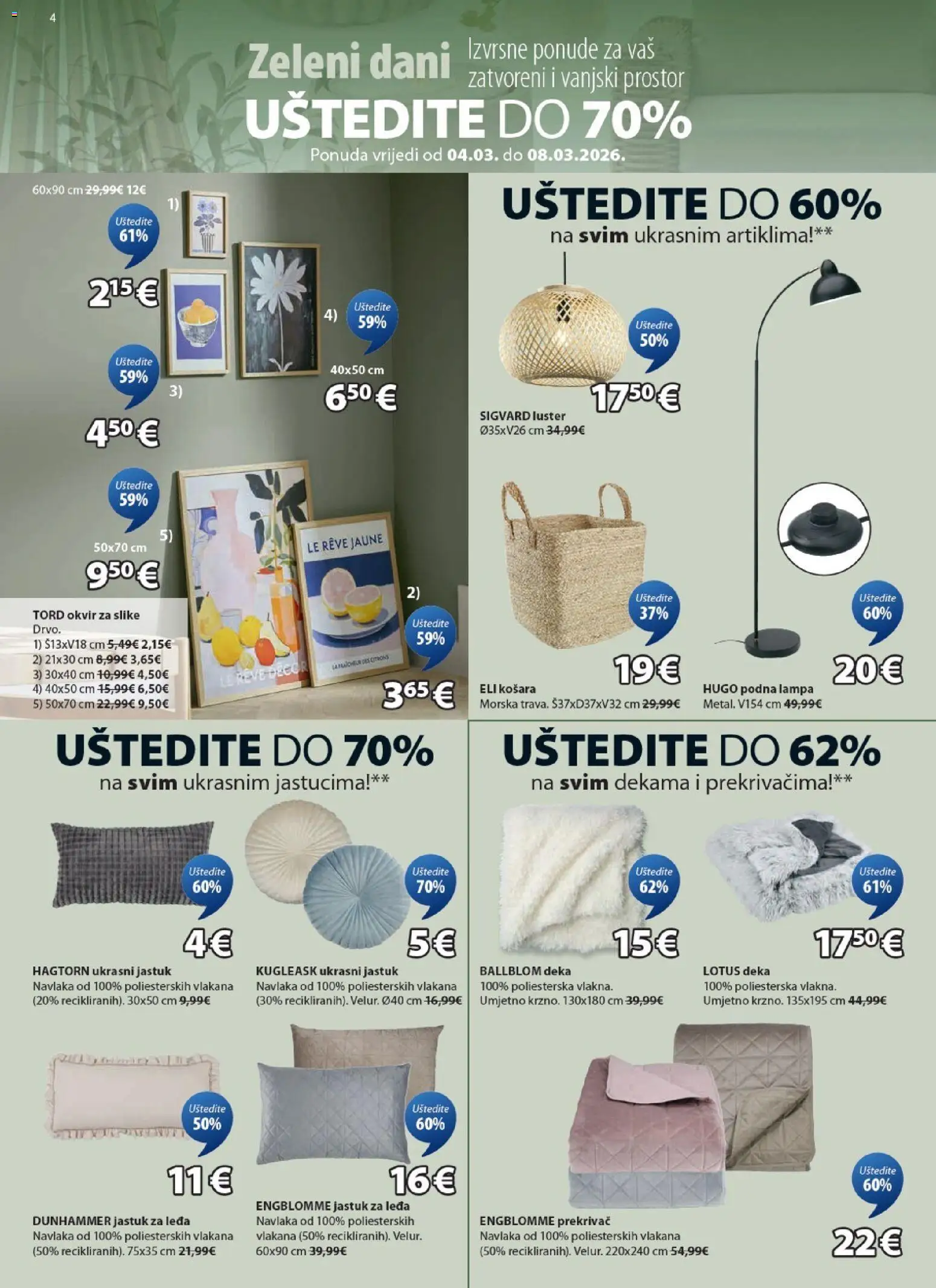 JYSK katalog | vrijedi od 04.03.2026 | Stranica: 4 | Proizvodi: Jastuk, Luster, Okvir za slike, Deka