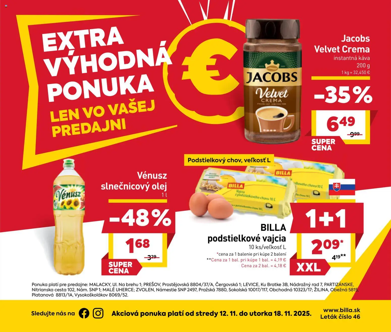 Nové Billa akcie – leták je platný od 12.11.2025 | Strana: 1 | Produkty: Vajcia, Olej, Káva, Slnečnicový olej