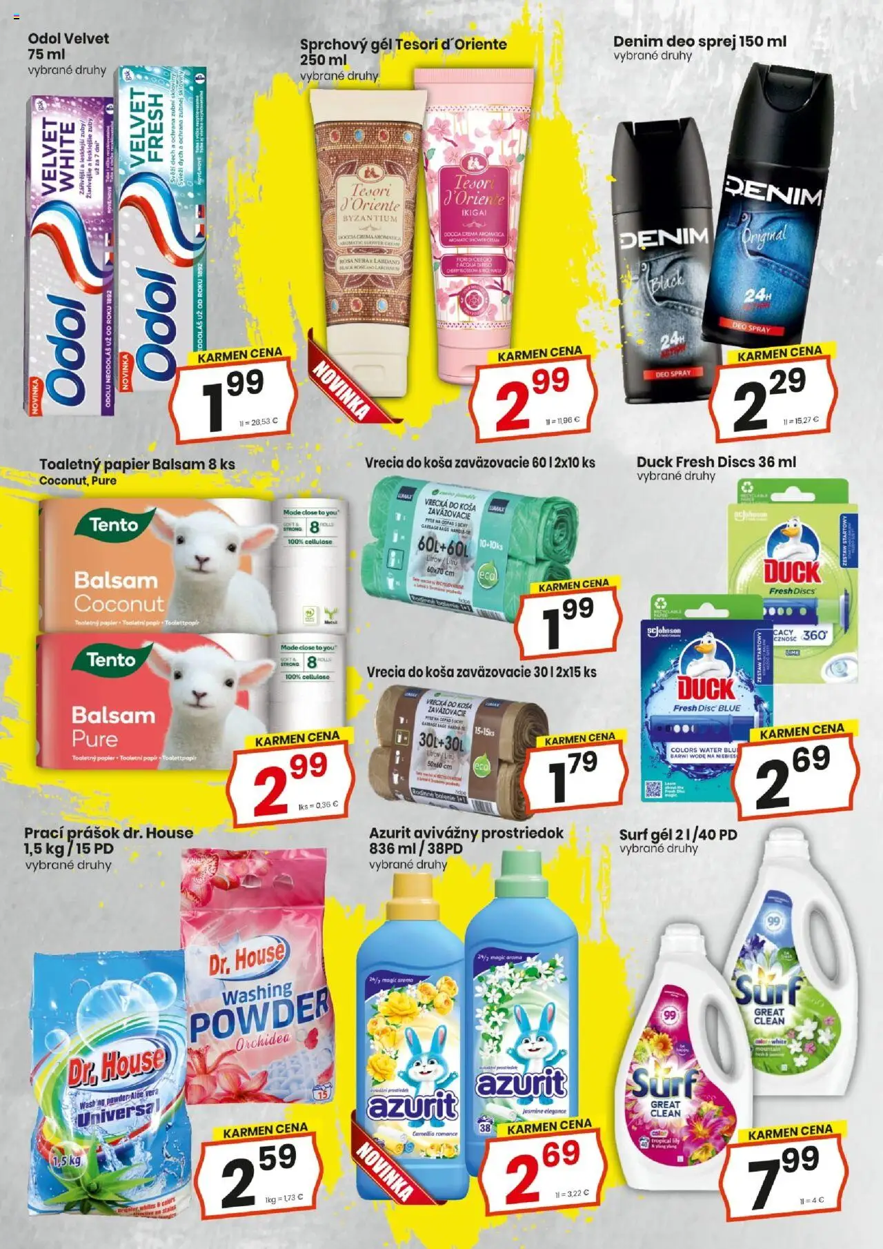 Nové KARMEN CBA akcie – leták je platný od 18.09.2025 | Strana: 3 | Produkty: Prací prášok, Toaletný papier, Sprchový gél, Orchidea