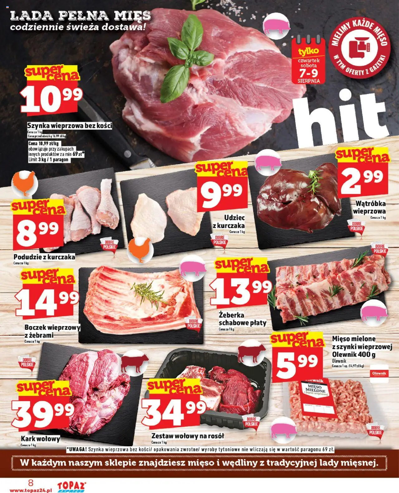 Topaz Gazetka - Express od 07.08.2025 | Strona: 8 | Produkty: Boczek wieprzowy, Wątróbka, Mięso mielone, Szynka